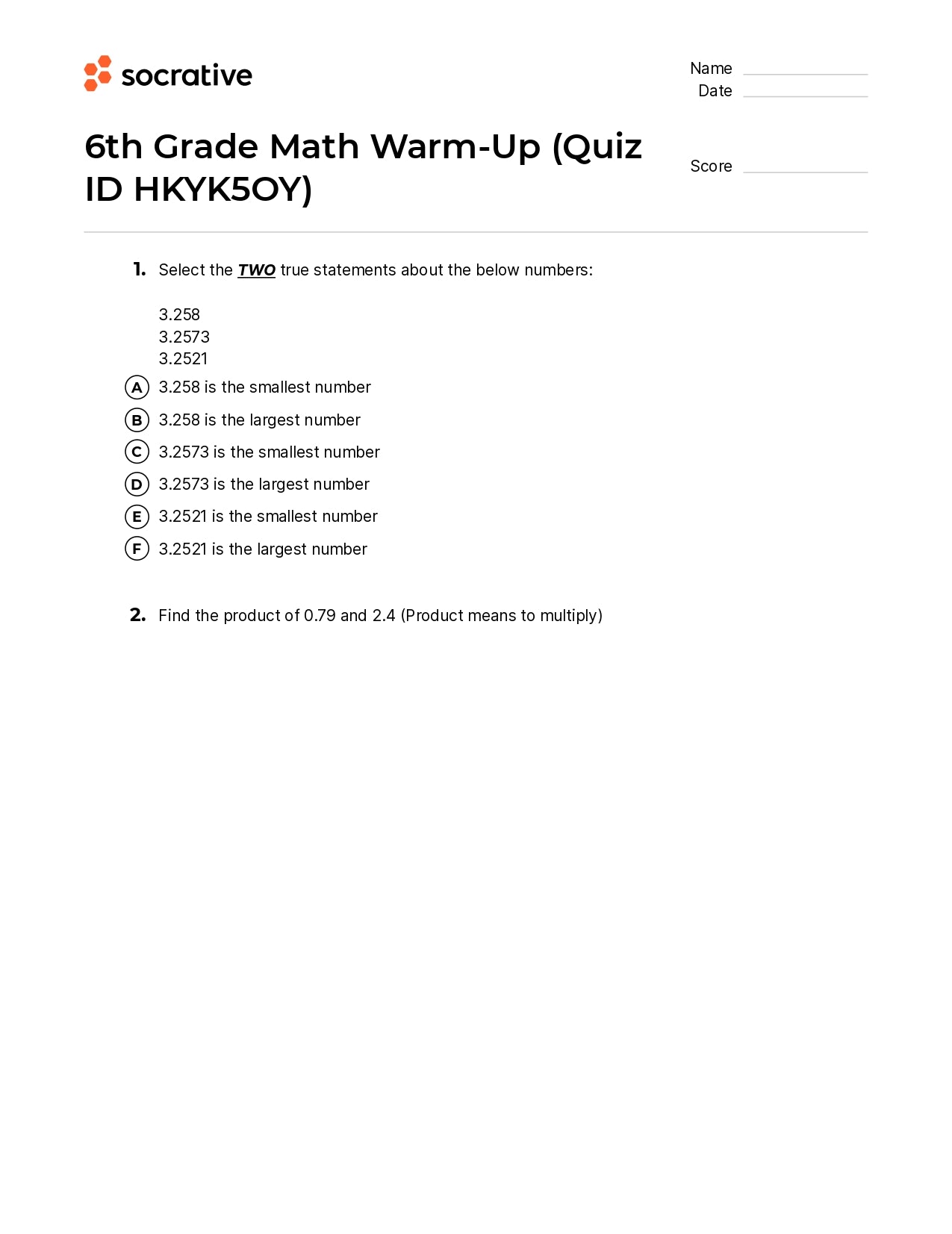 6Th Grade Math Warm-Up