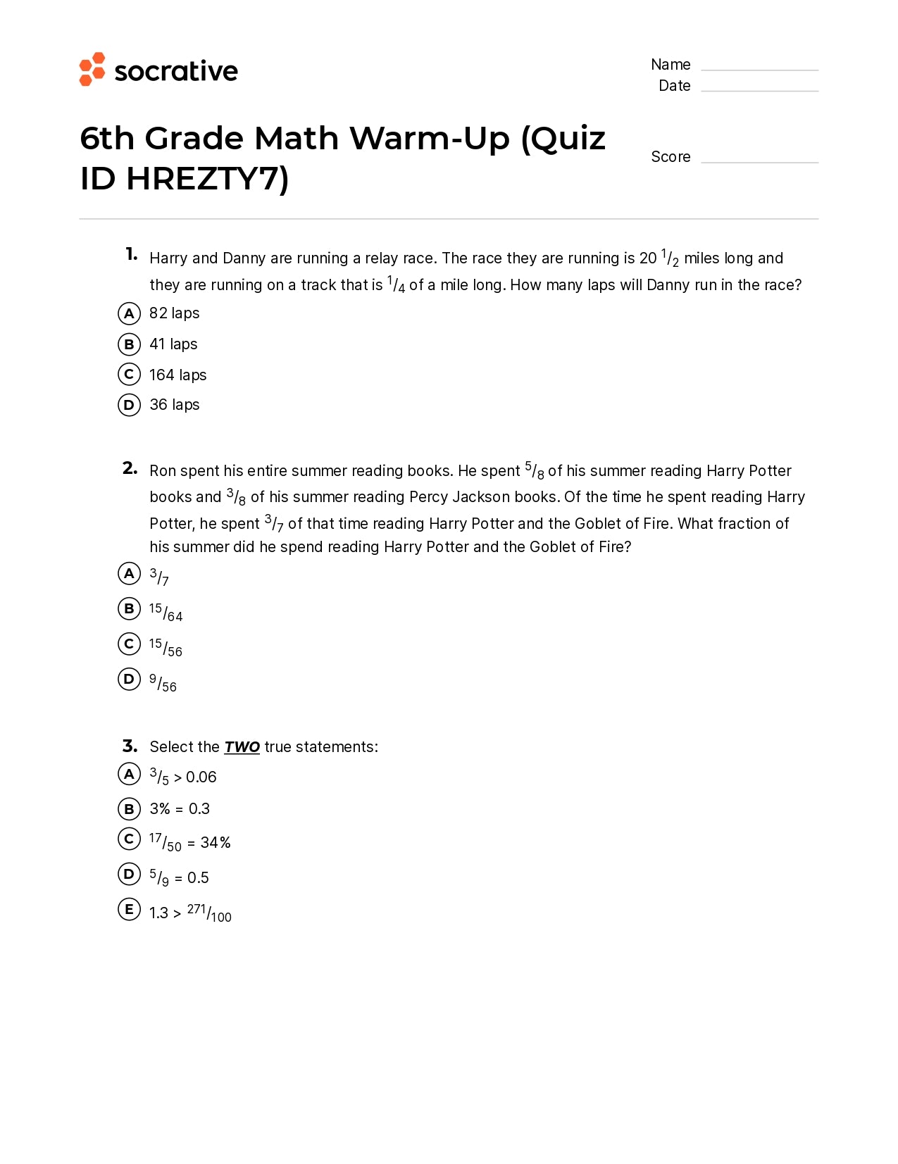 6Th Grade Math Warm-Up