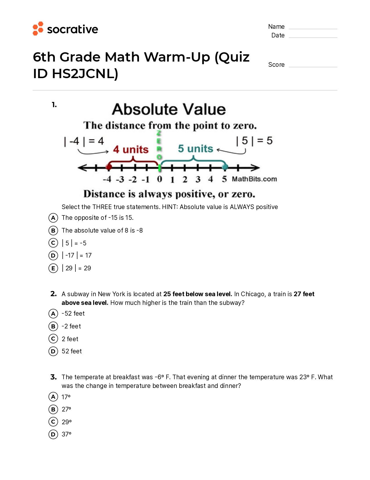 6Th Grade Math Warm-Up