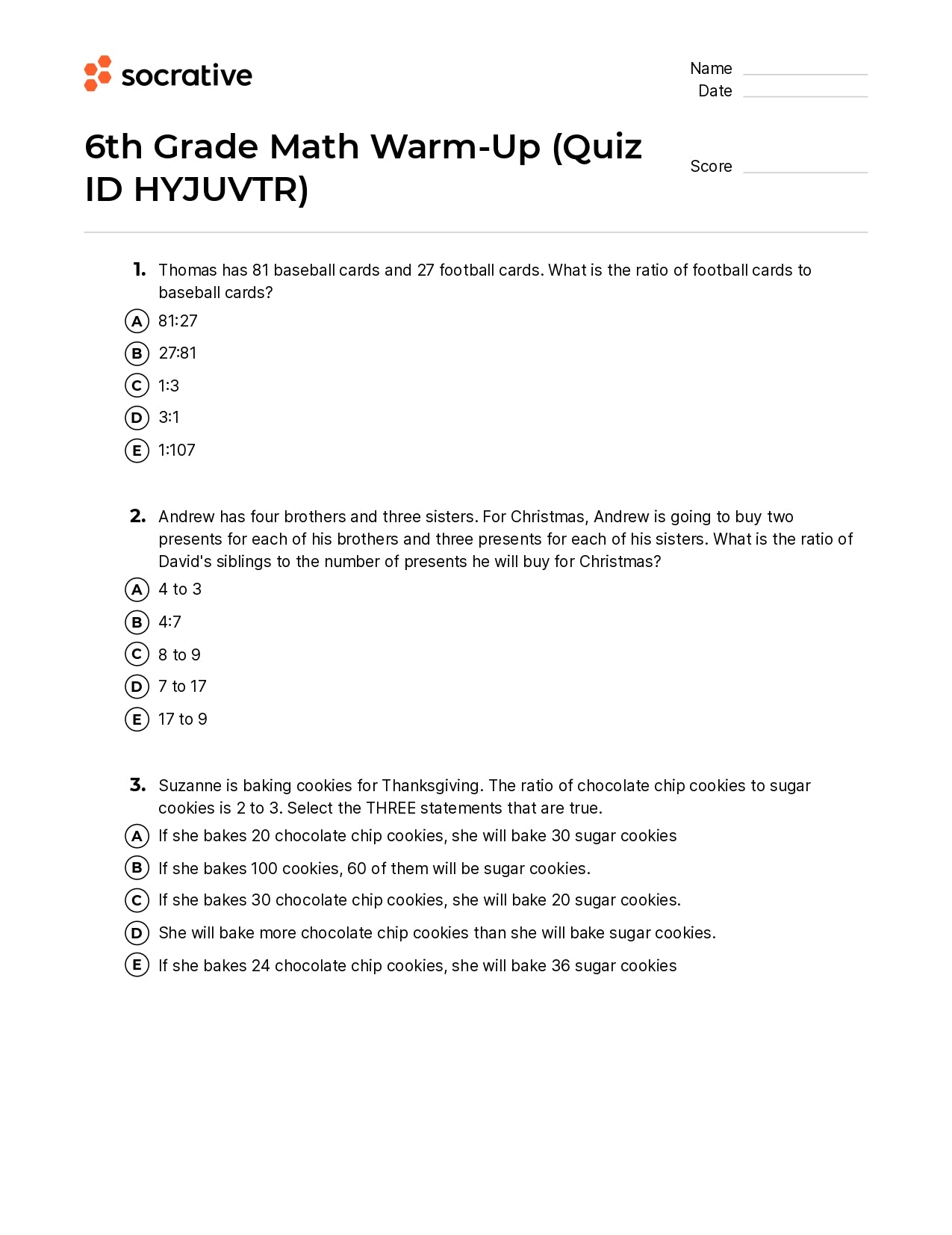 6Th Grade Math Warm-Up