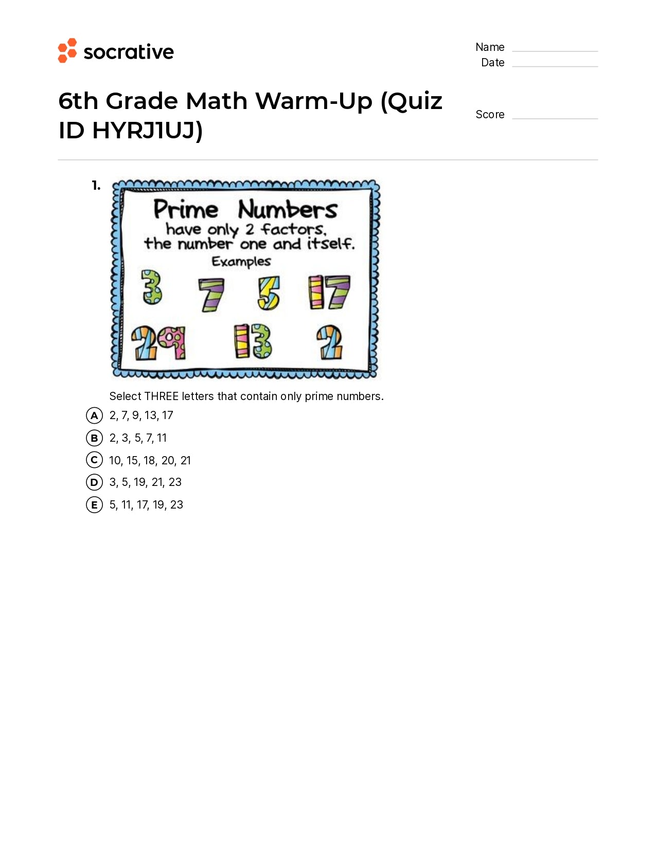6Th Grade Math Warm-Up