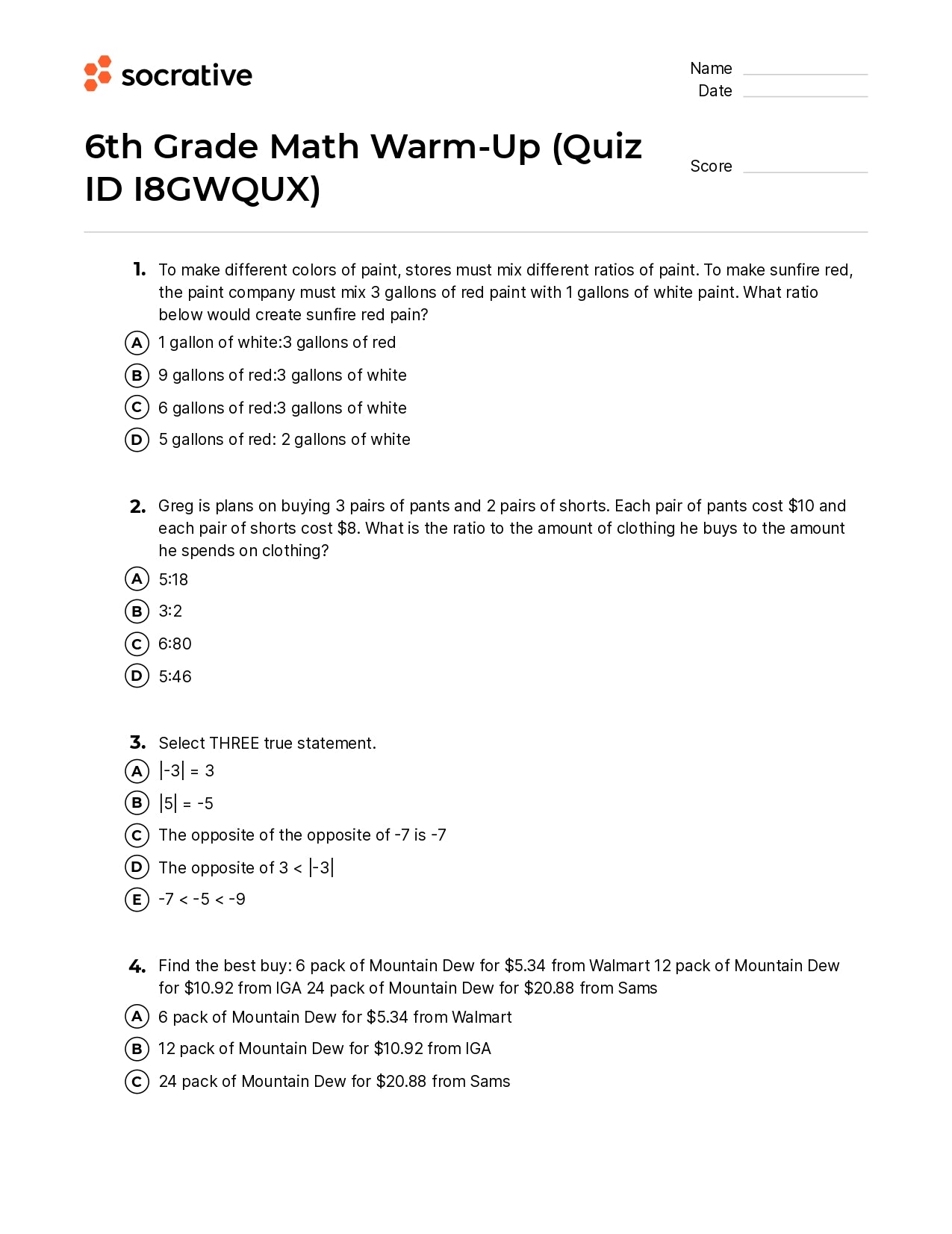 6Th Grade Math Warm-Up