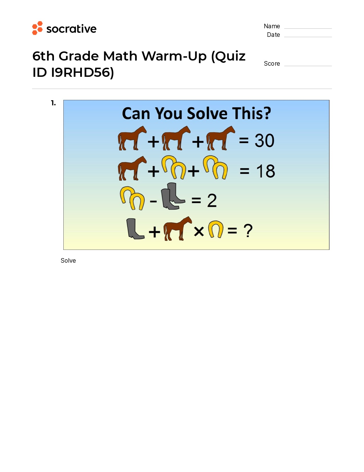 6Th Grade Math Warm-Up