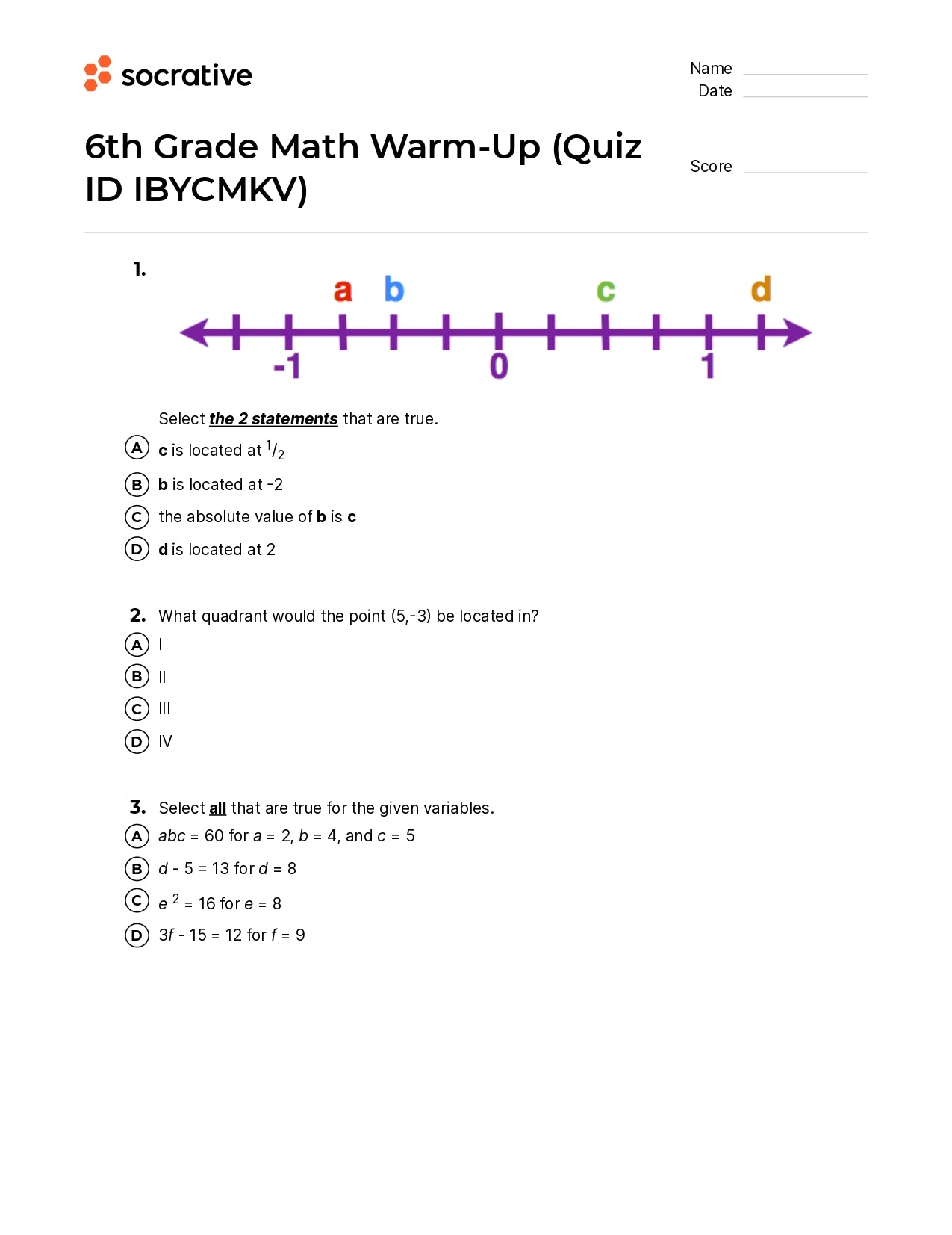 6Th Grade Math Warm-Up