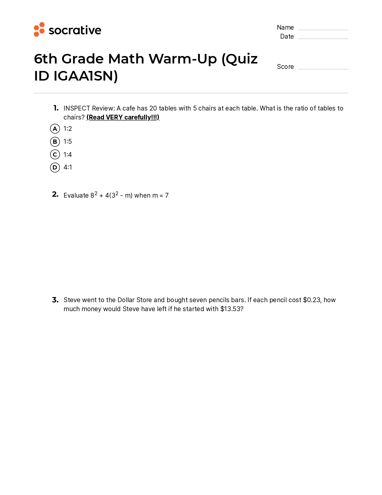 6Th Grade Math Warm-Up