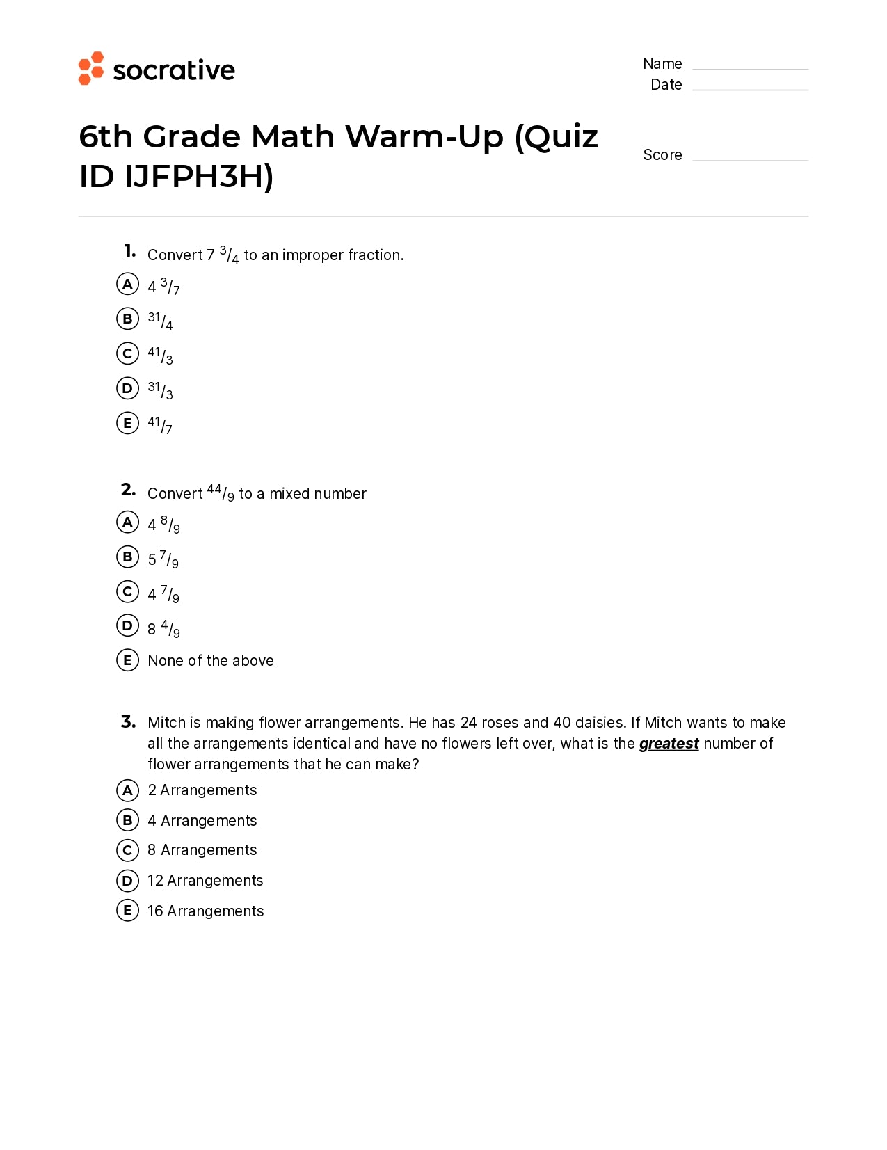 6Th Grade Math Warm-Up