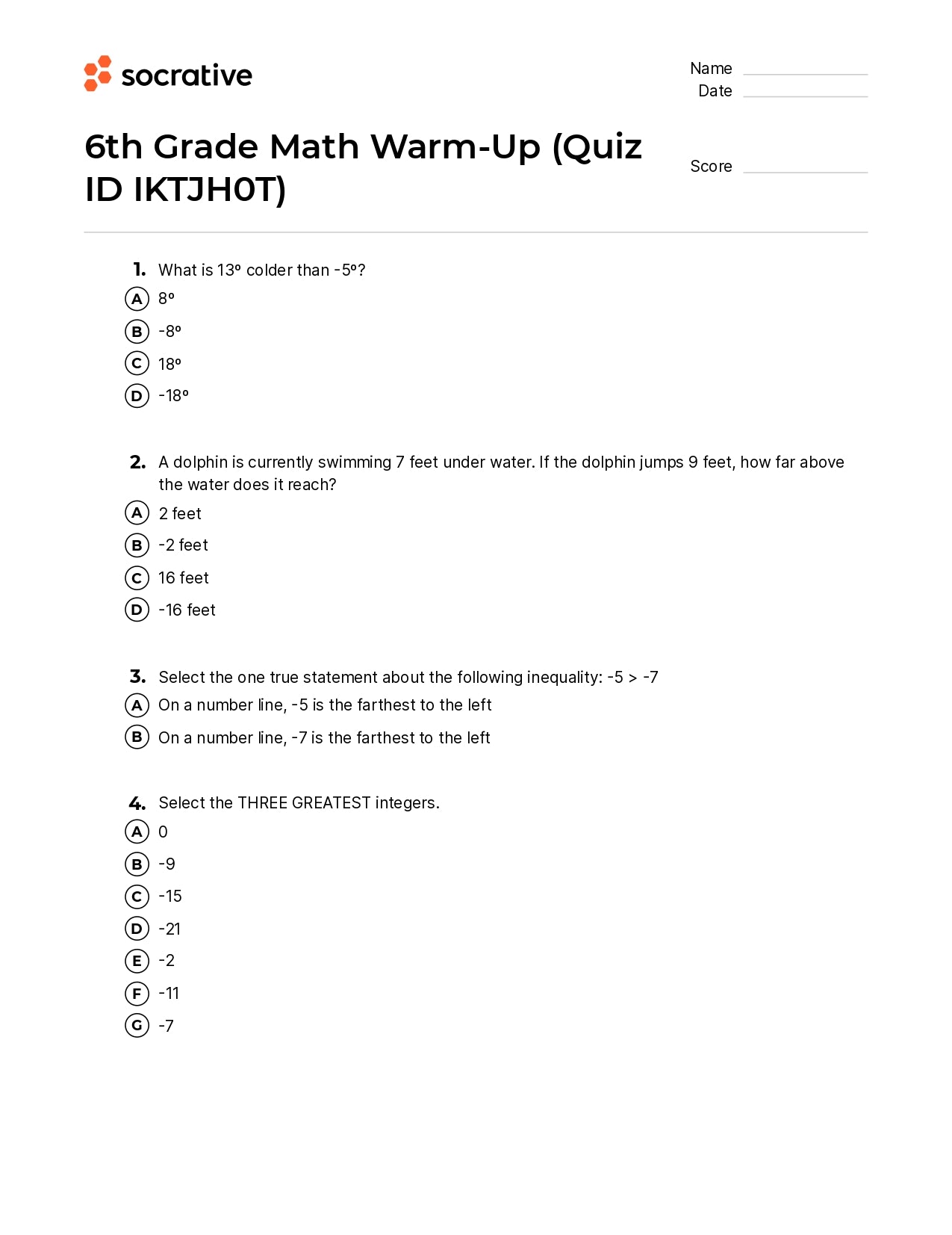 6Th Grade Math Warm-Up