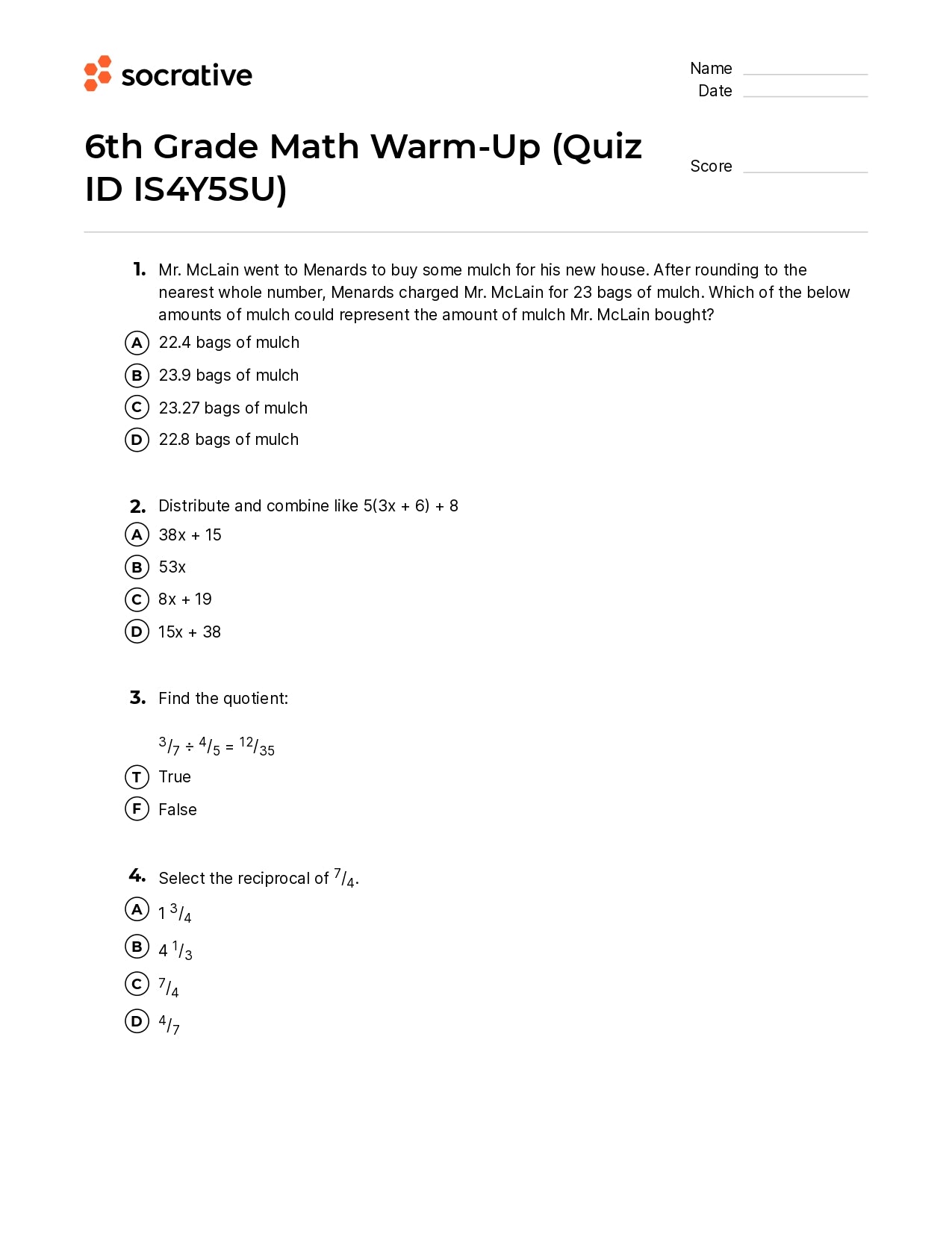 6Th Grade Math Warm-Up