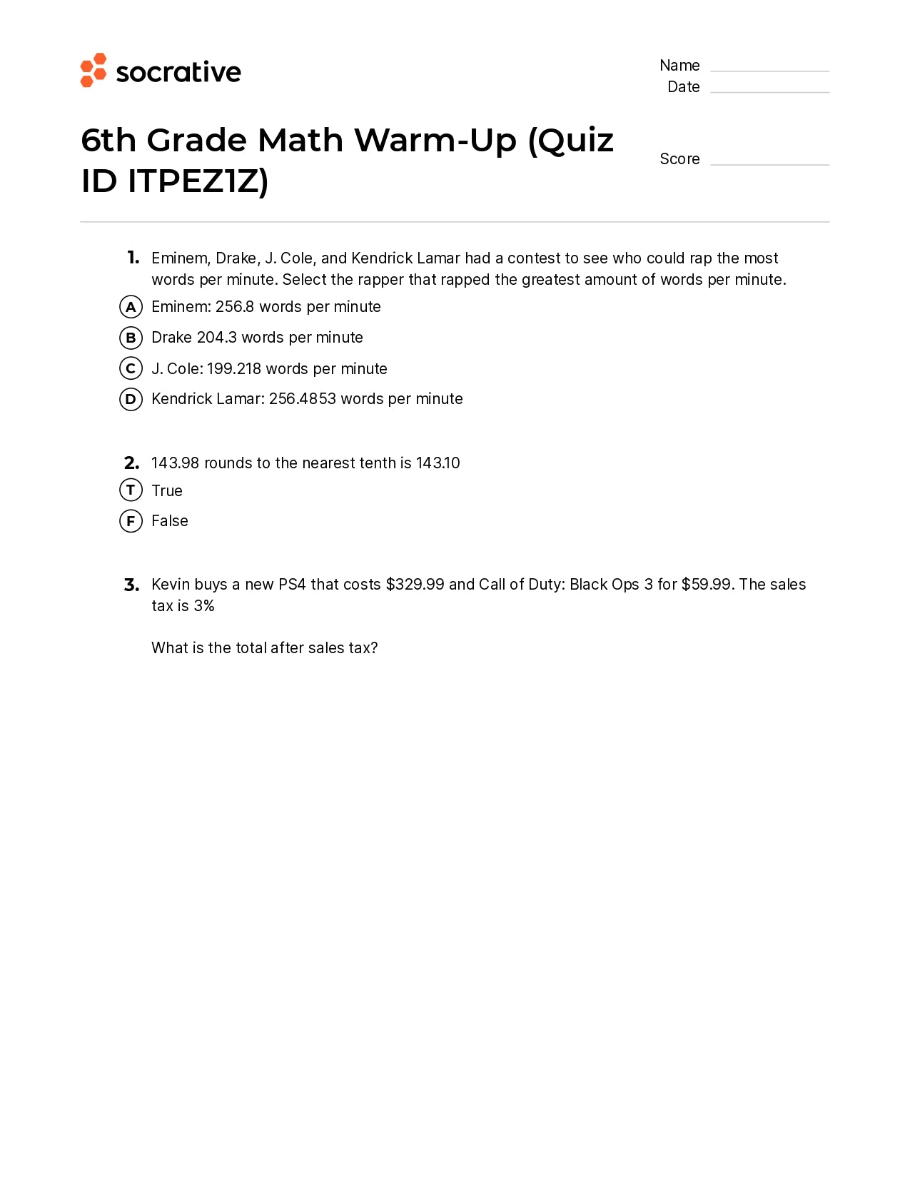 6Th Grade Math Warm-Up