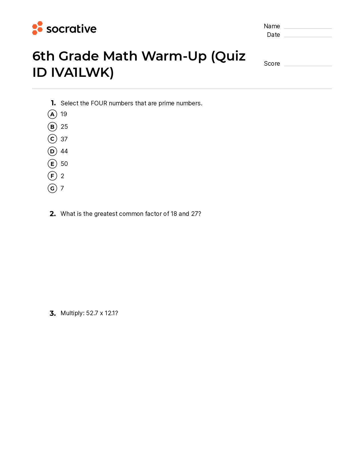 6Th Grade Math Warm-Up