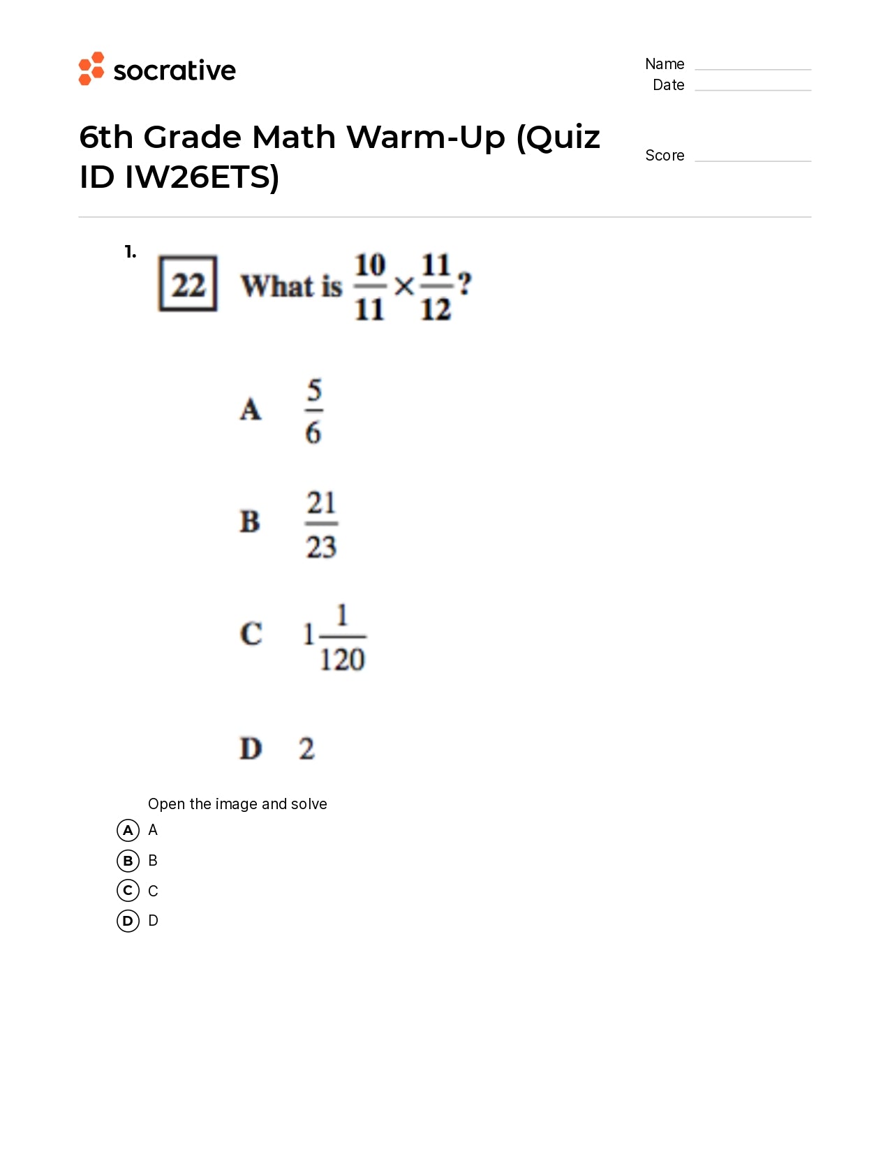 6Th Grade Math Warm-Up