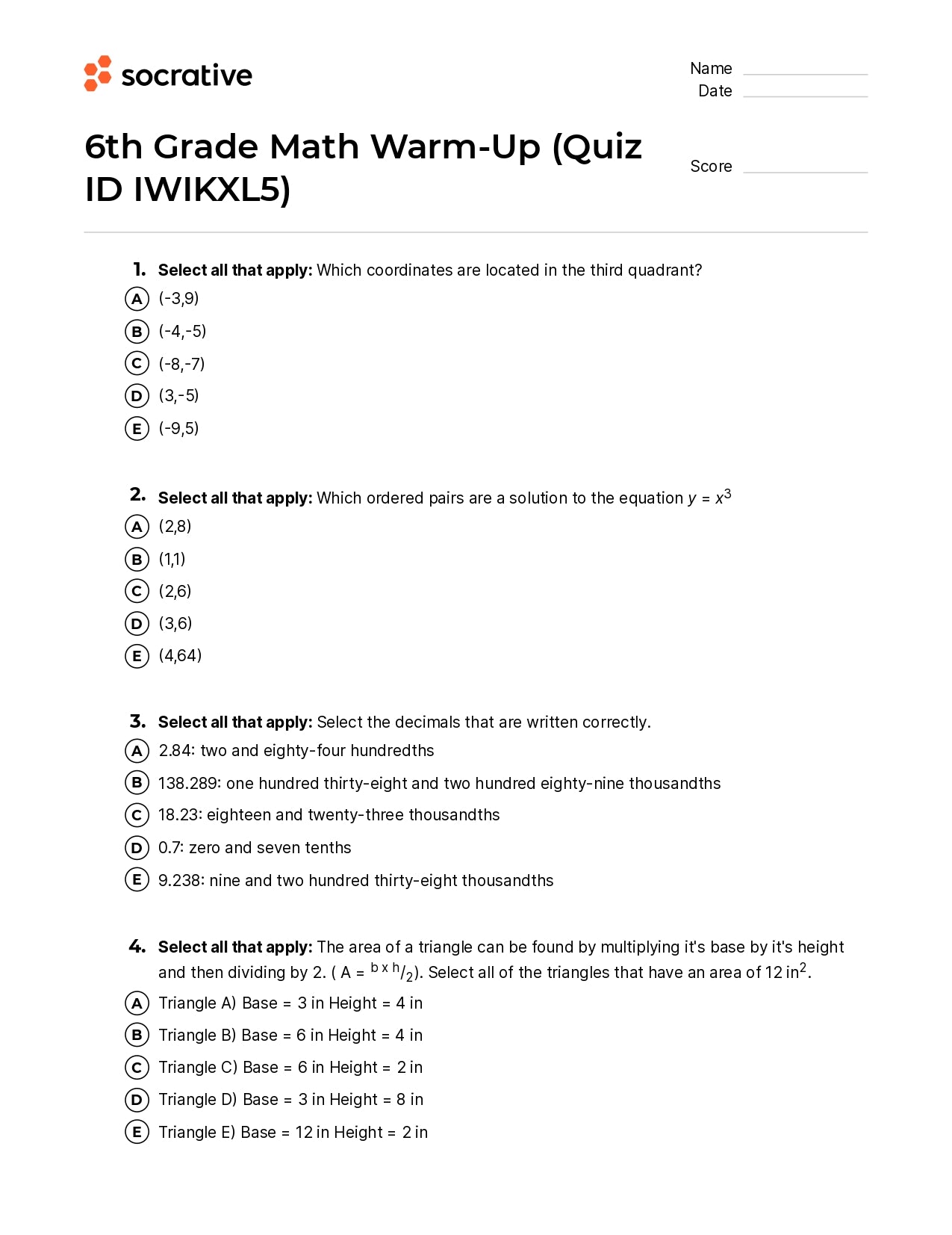 6Th Grade Math Warm-Up