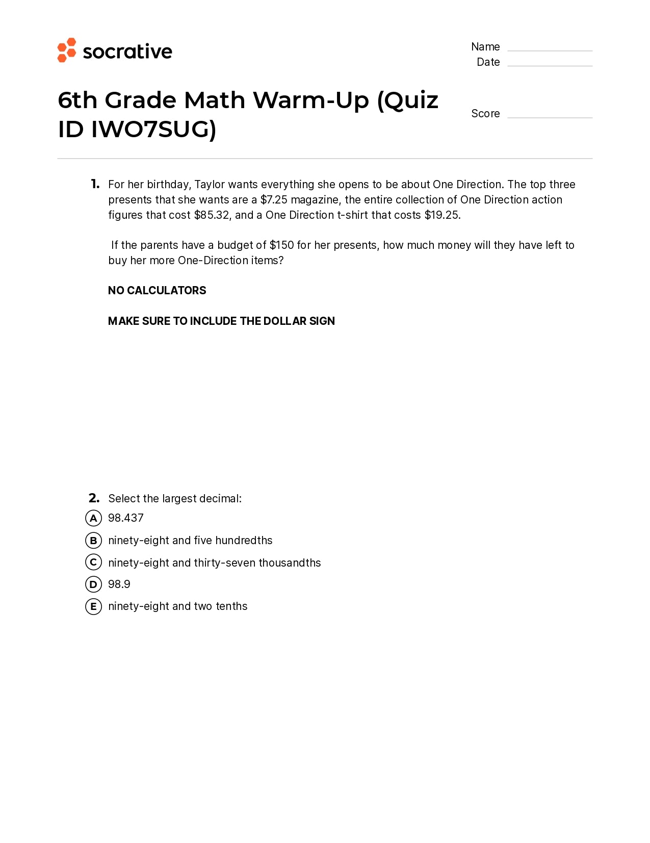 6Th Grade Math Warm-Up