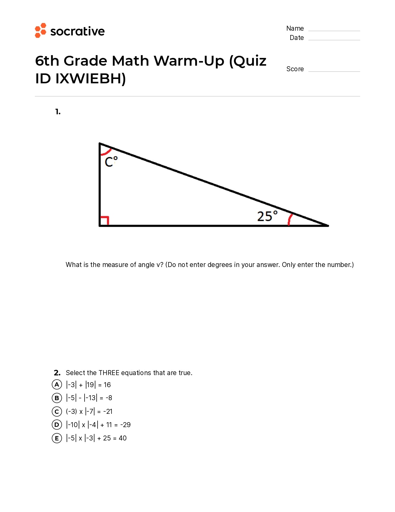6Th Grade Math Warm-Up
