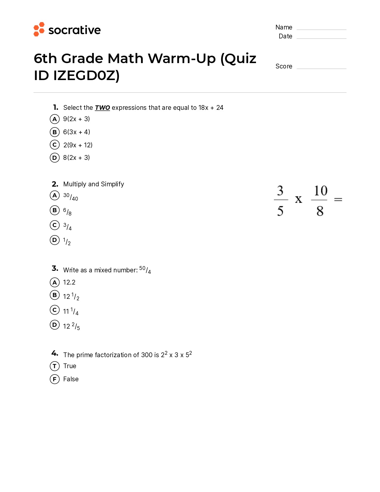 6Th Grade Math Warm-Up