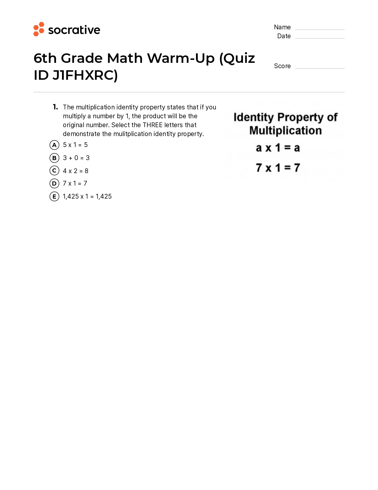 6Th Grade Math Warm-Up