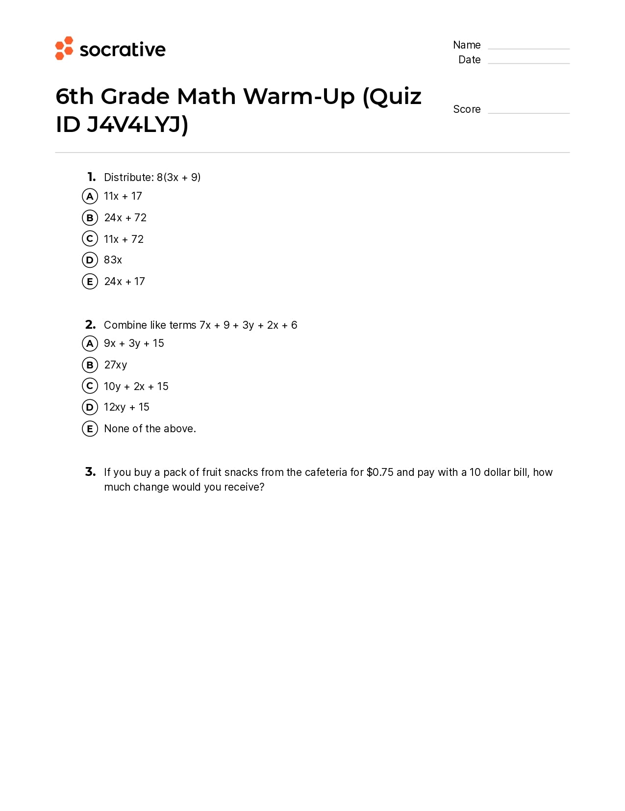 6Th Grade Math Warm-Up