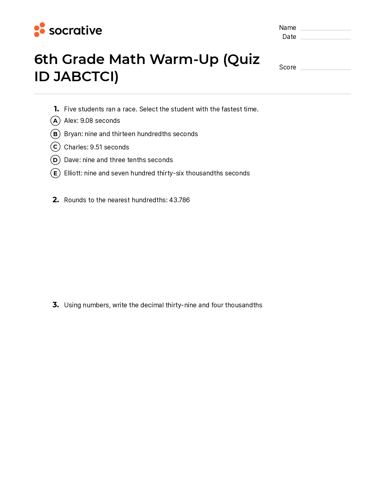 6Th Grade Math Warm-Up