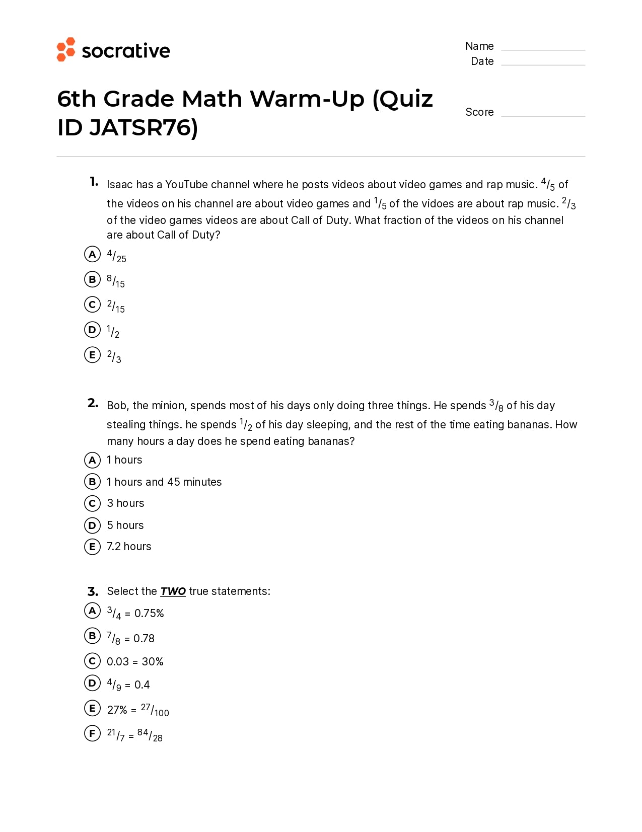 6Th Grade Math Warm-Up