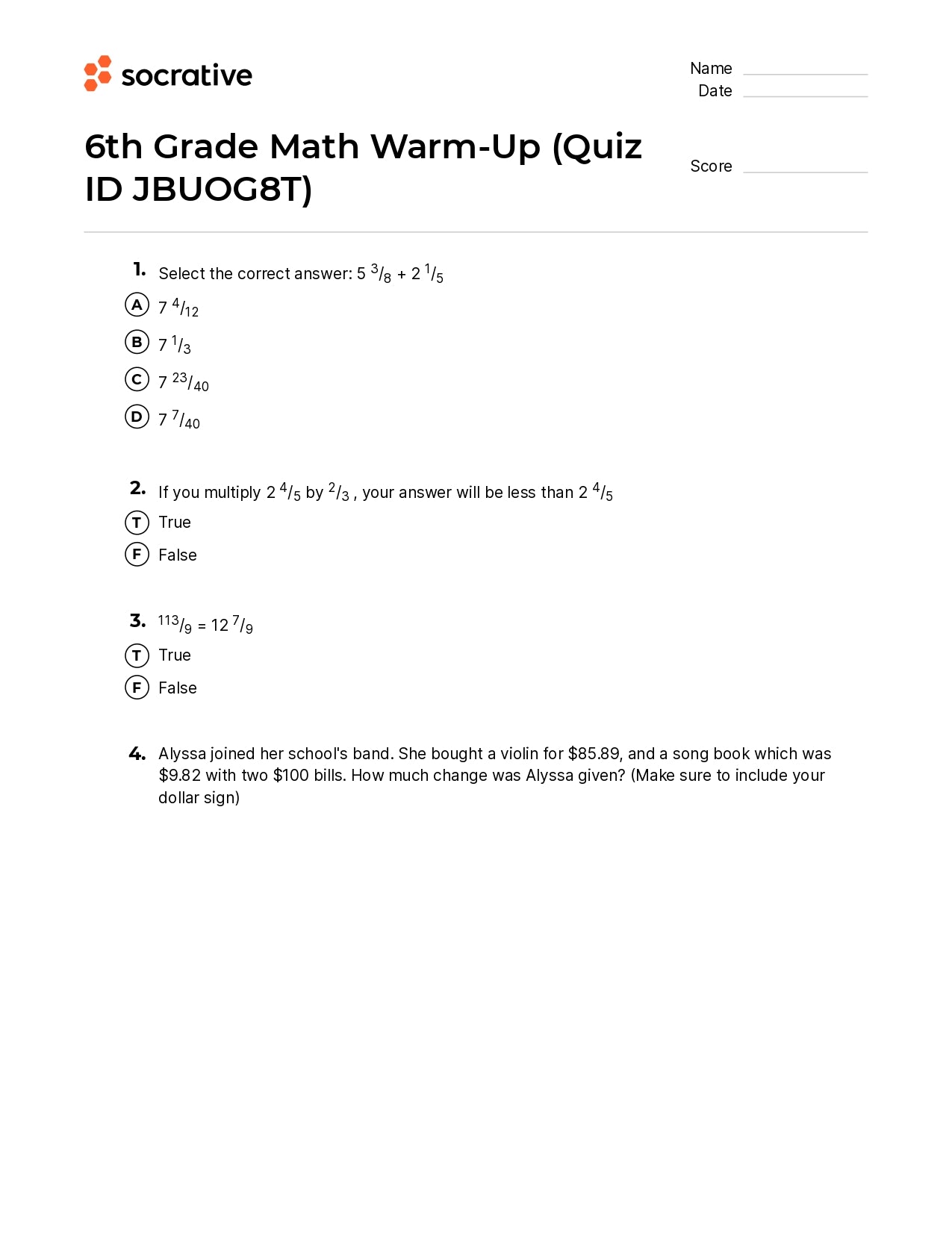 6Th Grade Math Warm-Up