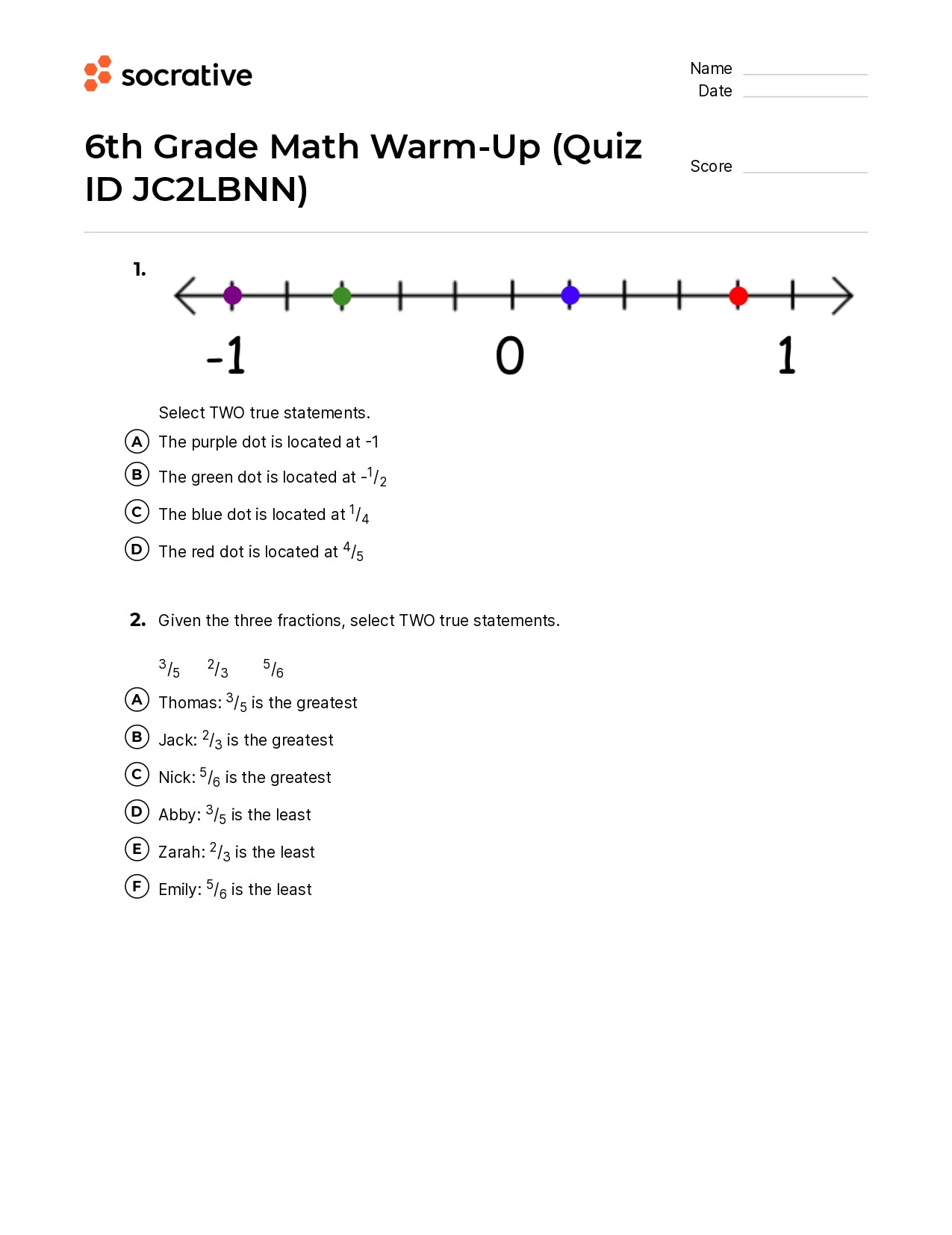 6Th Grade Math Warm-Up