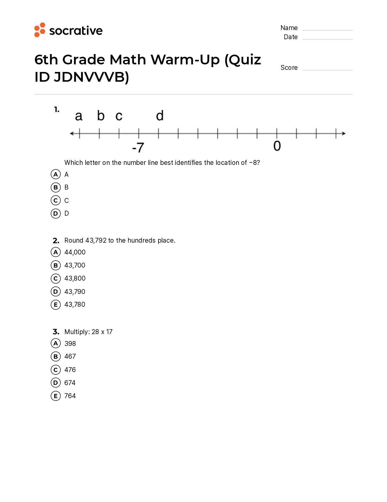 6Th Grade Math Warm-Up