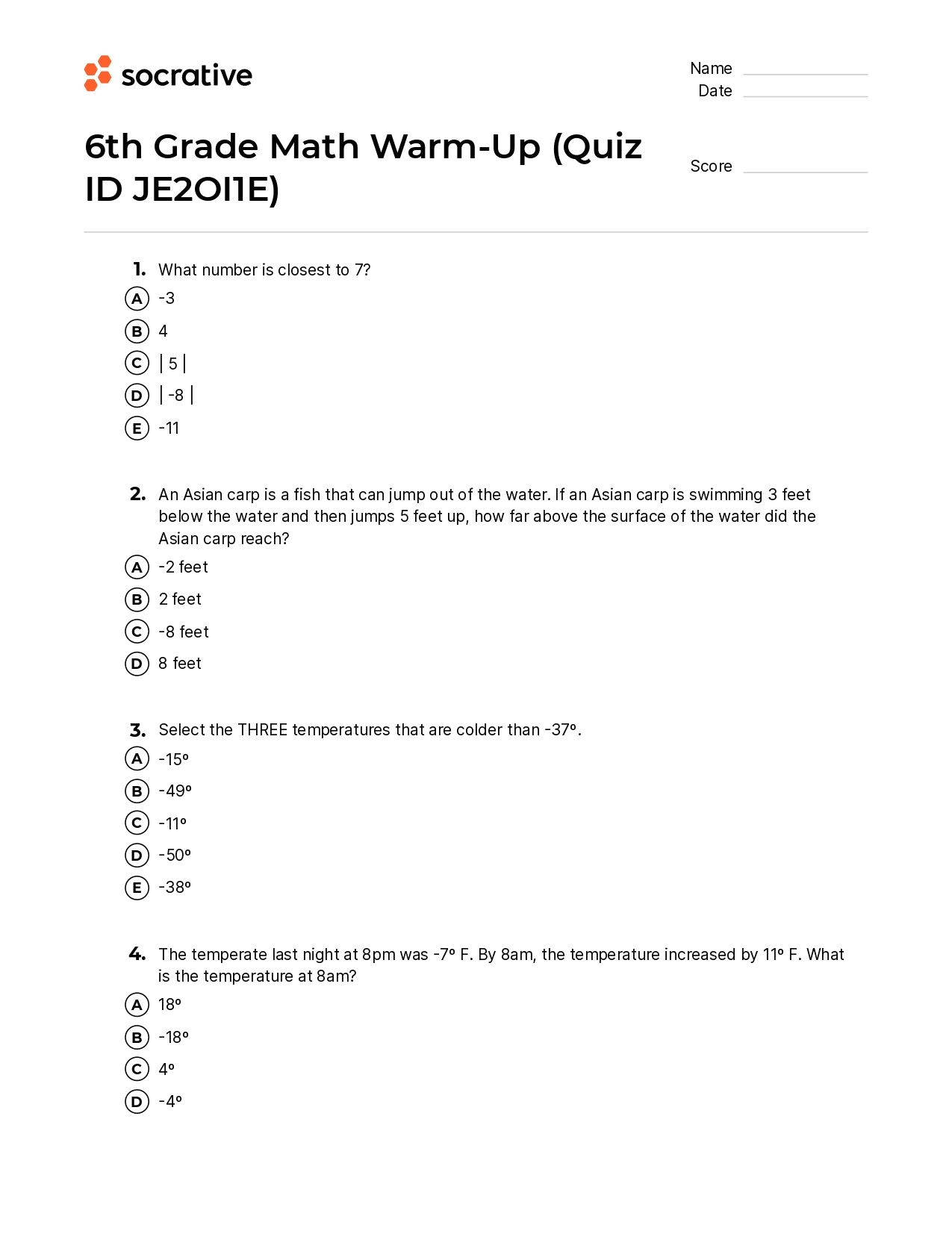 6Th Grade Math Warm-Up