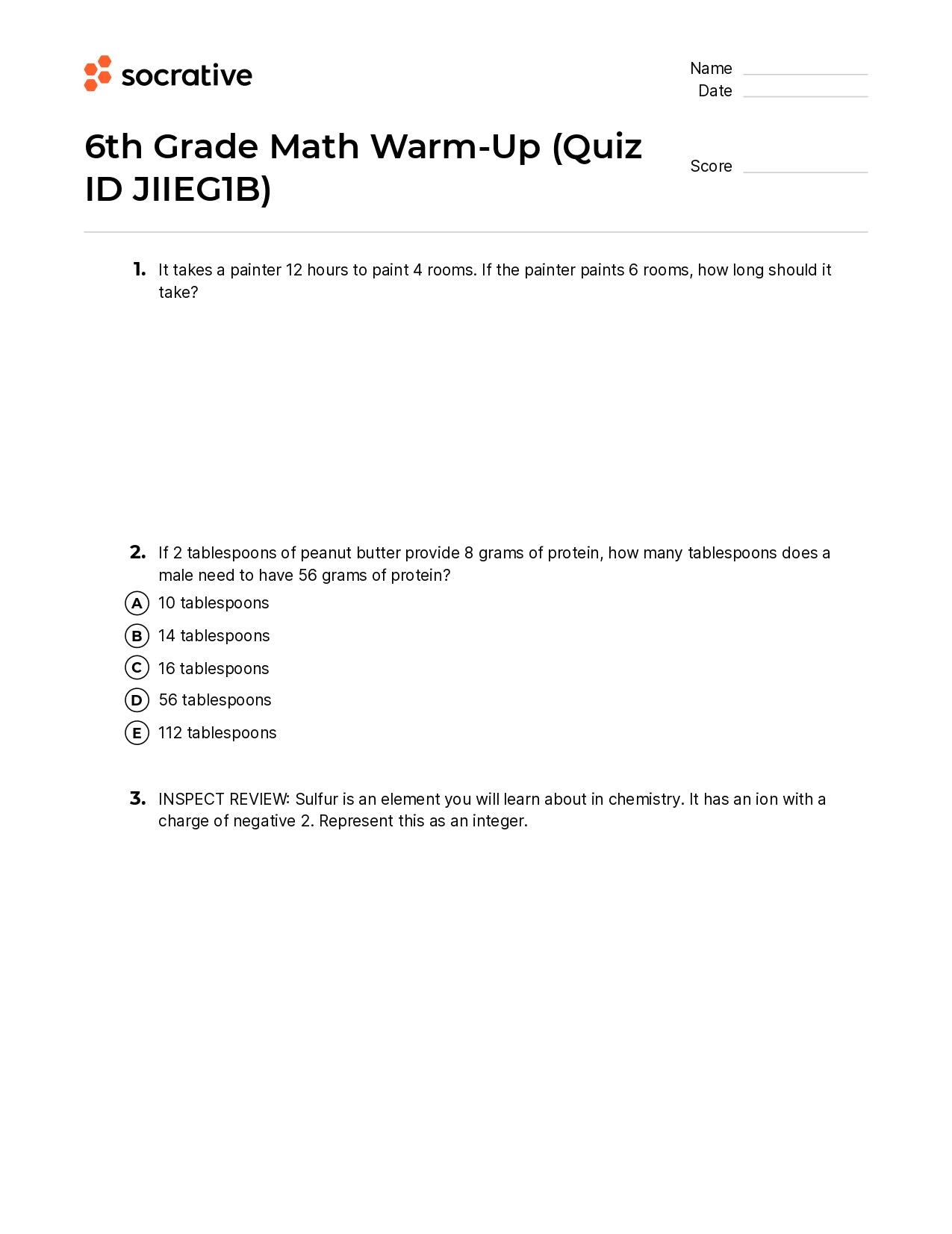 6Th Grade Math Warm-Up