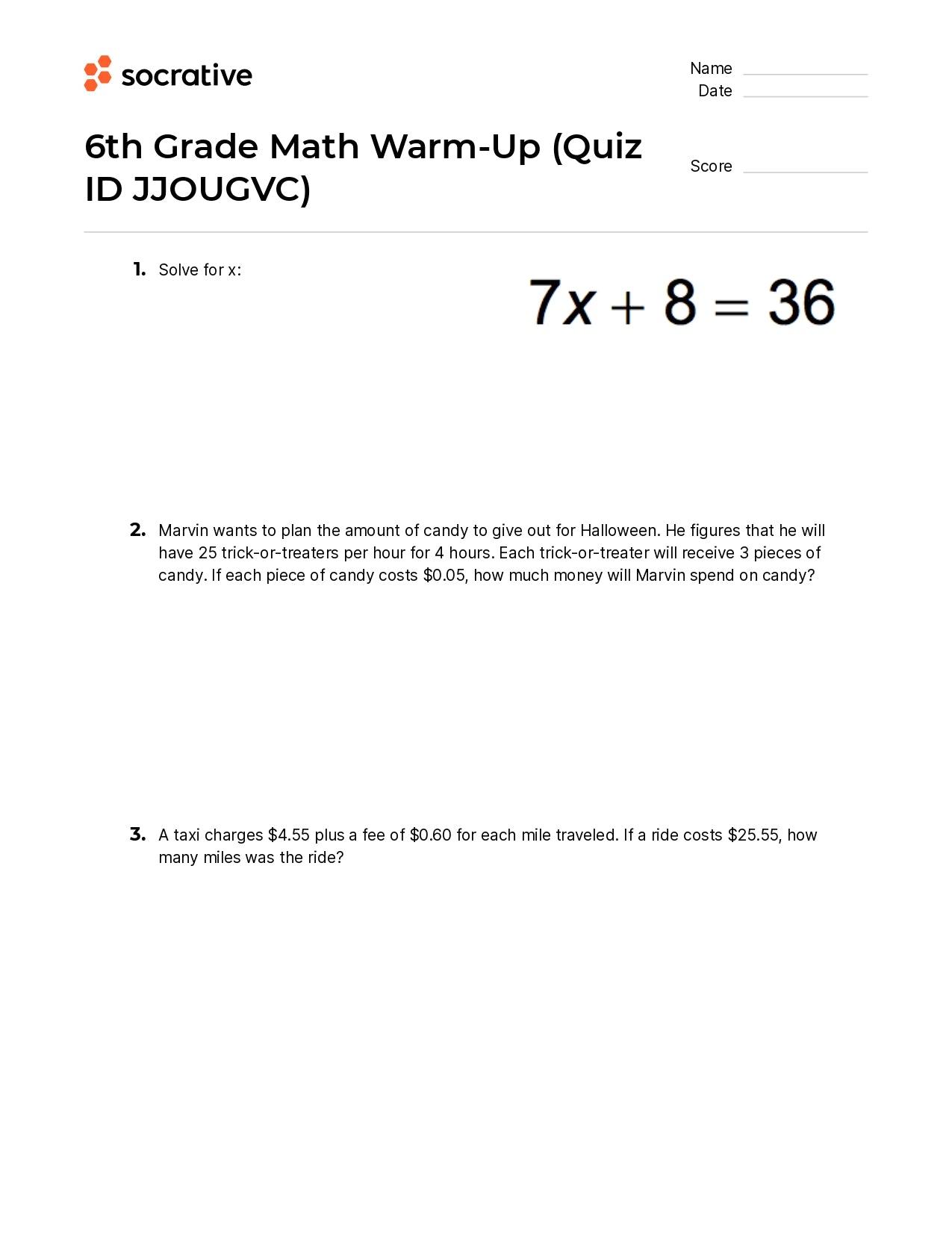 6Th Grade Math Warm-Up