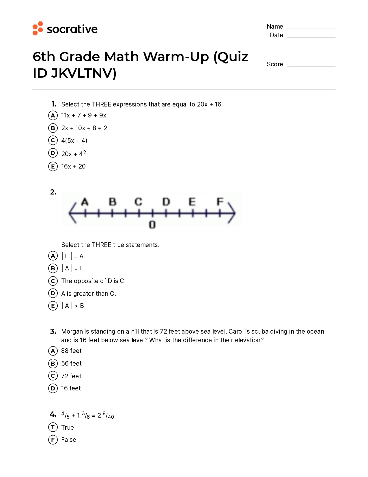 6Th Grade Math Warm-Up
