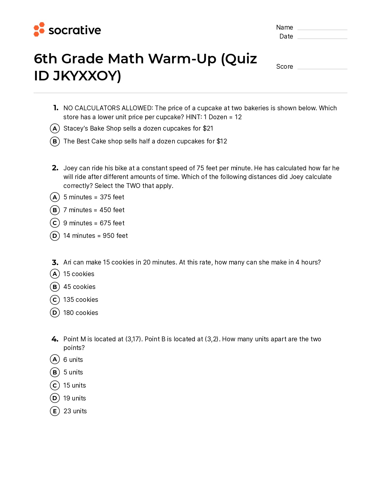 6Th Grade Math Warm-Up