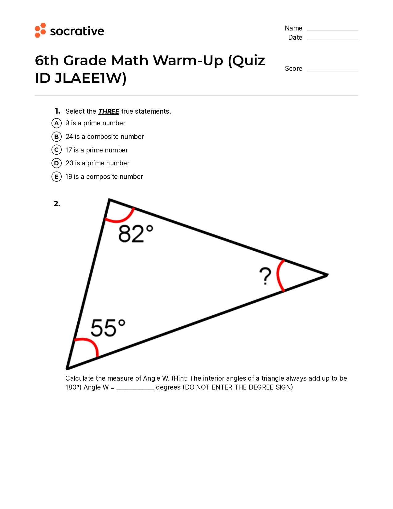 6Th Grade Math Warm-Up