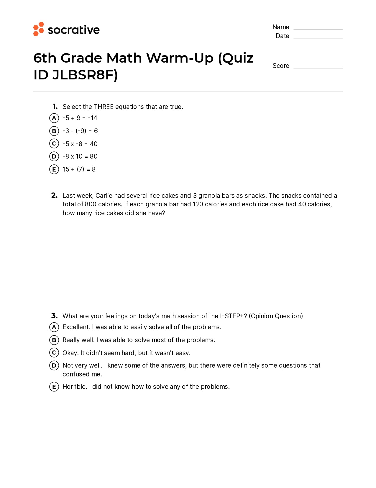 6Th Grade Math Warm-Up