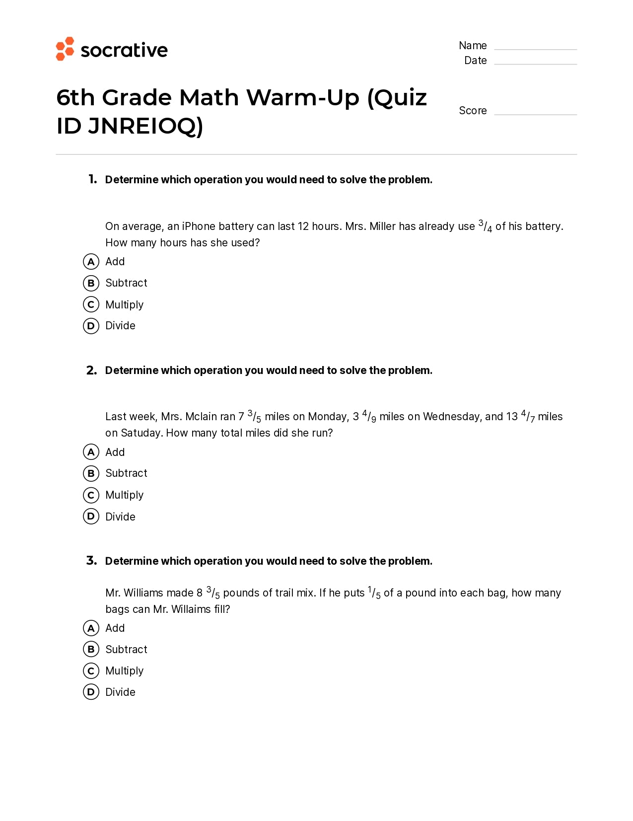 6Th Grade Math Warm-Up