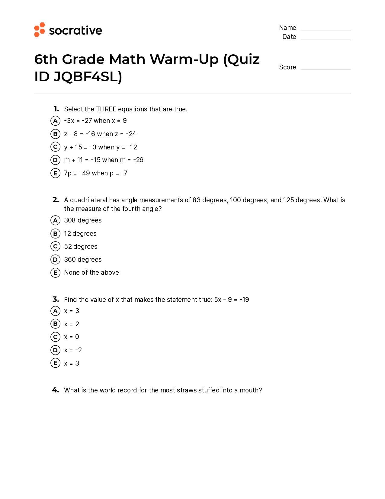 6Th Grade Math Warm-Up