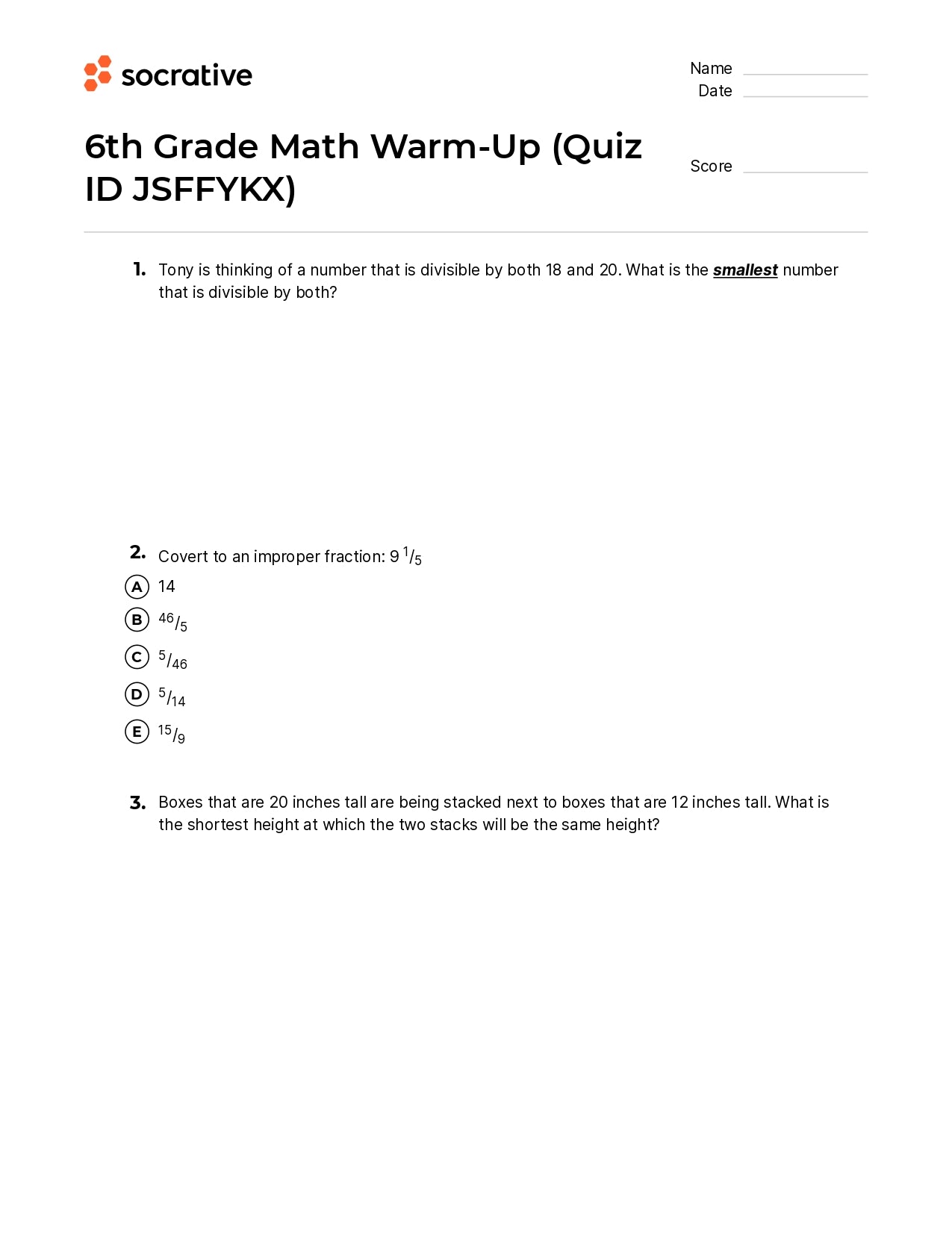 6Th Grade Math Warm-Up