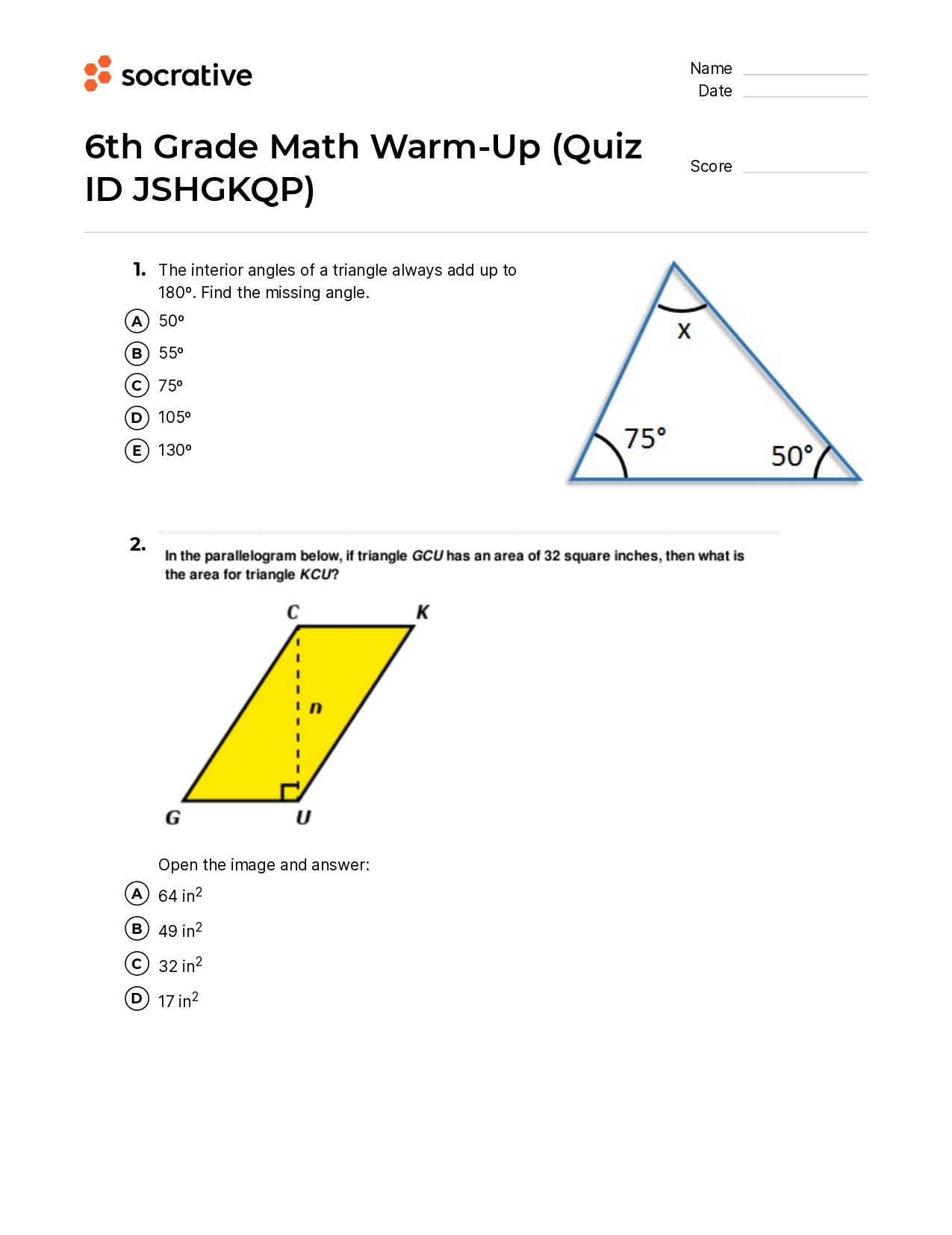 6Th Grade Math Warm-Up