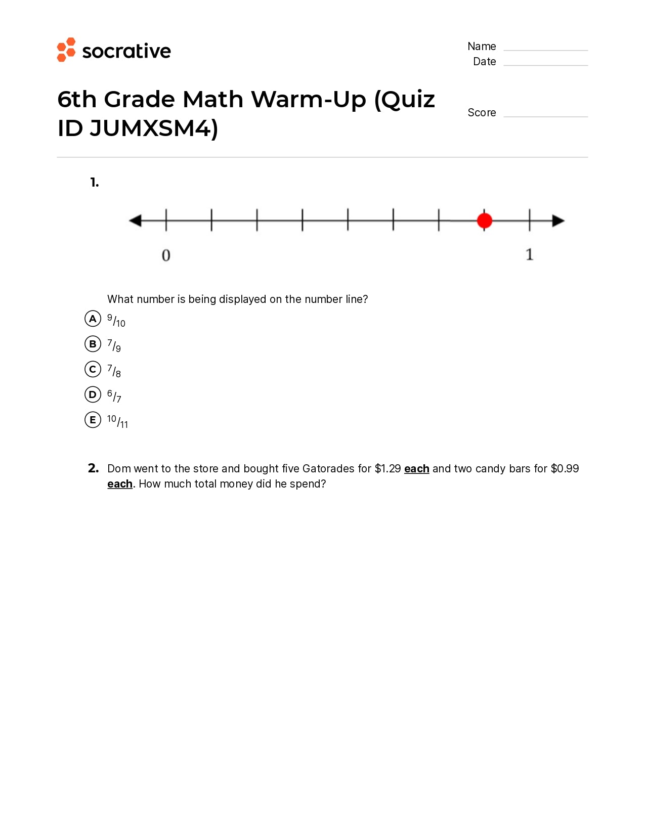 6Th Grade Math Warm-Up