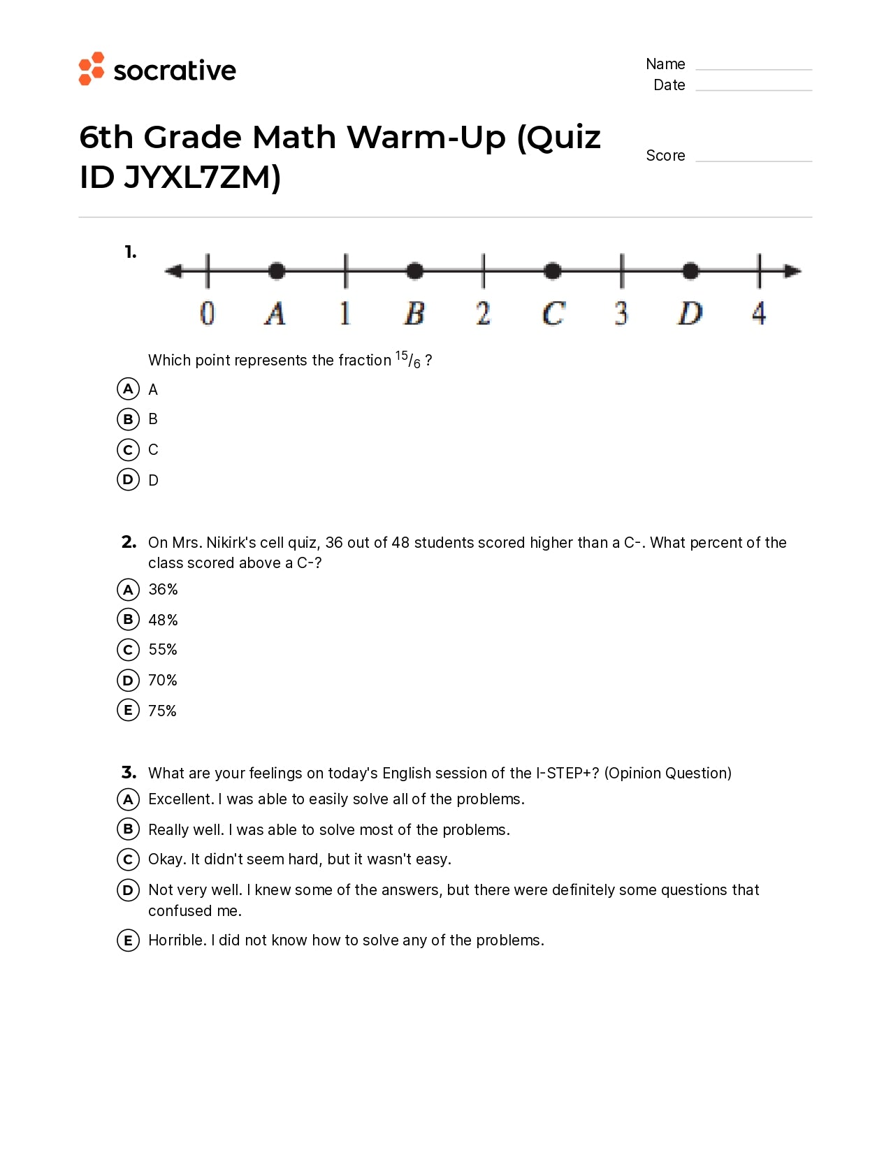6Th Grade Math Warm-Up