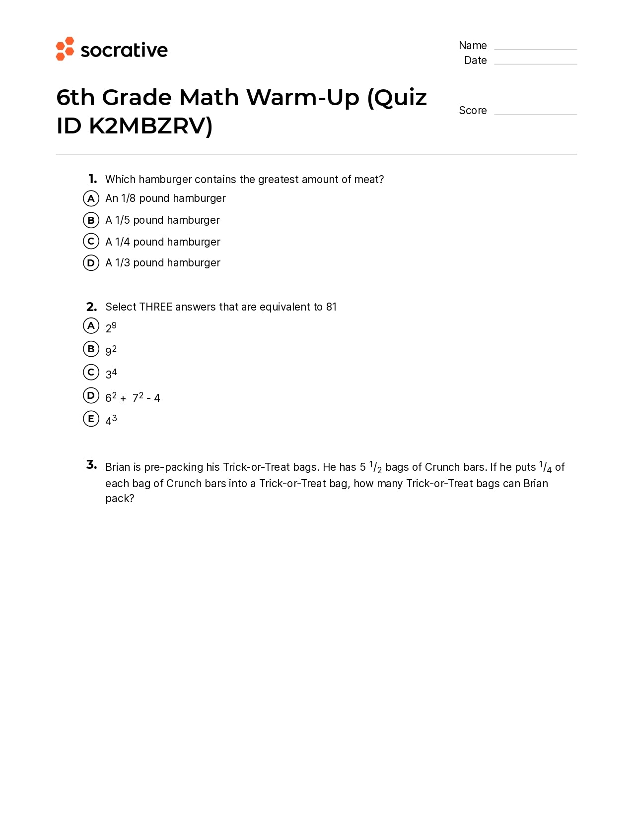 6Th Grade Math Warm-Up