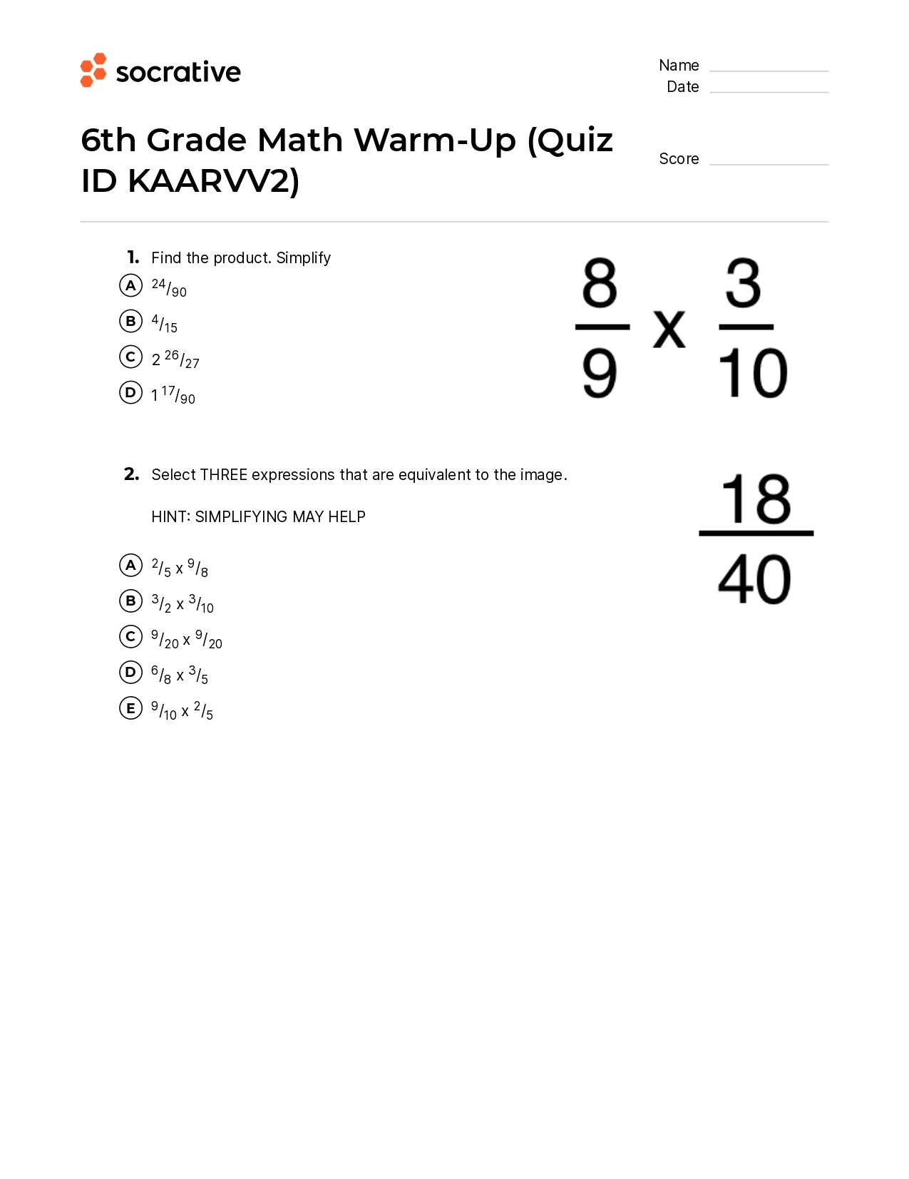 6Th Grade Math Warm-Up