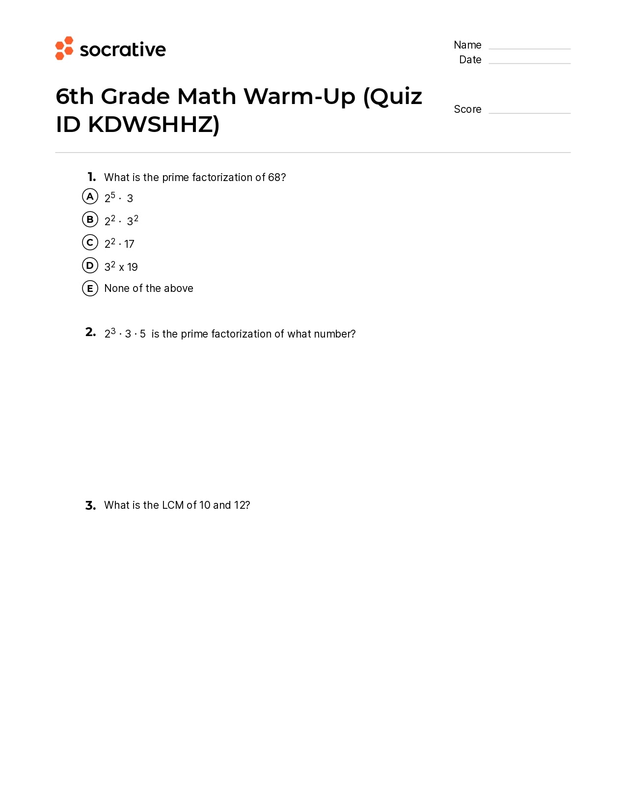 6Th Grade Math Warm-Up
