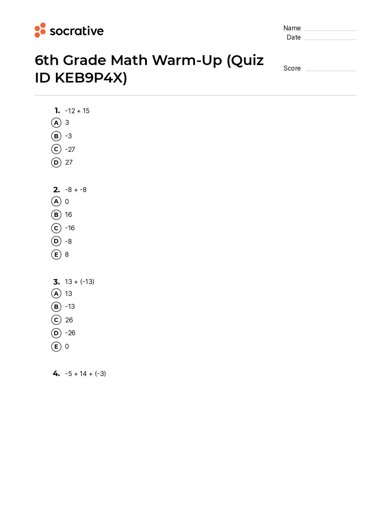 6Th Grade Math Warm-Up