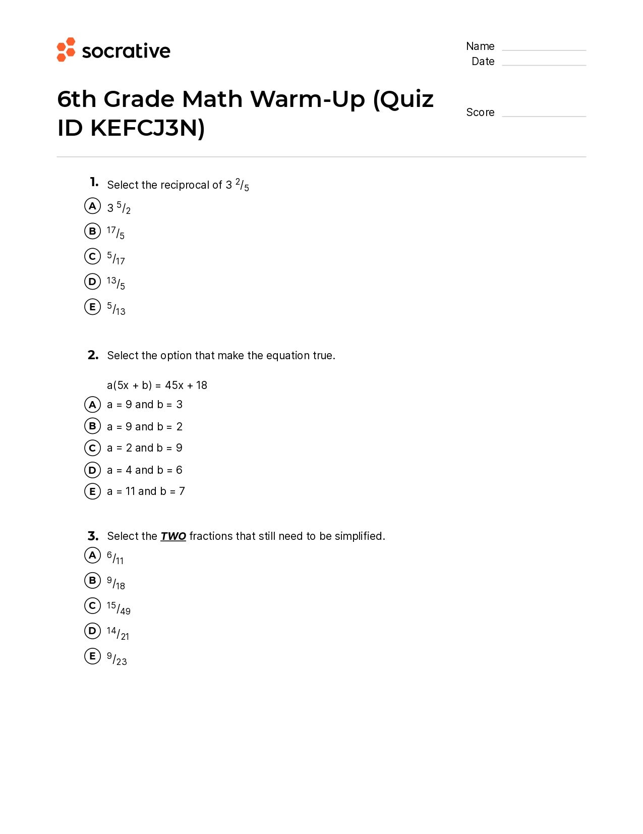 6Th Grade Math Warm-Up
