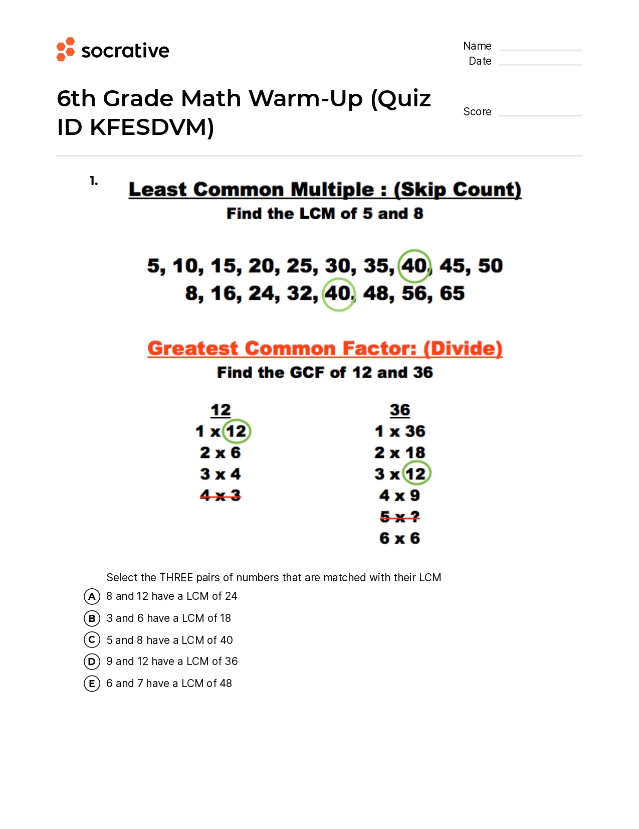 6Th Grade Math Warm-Up