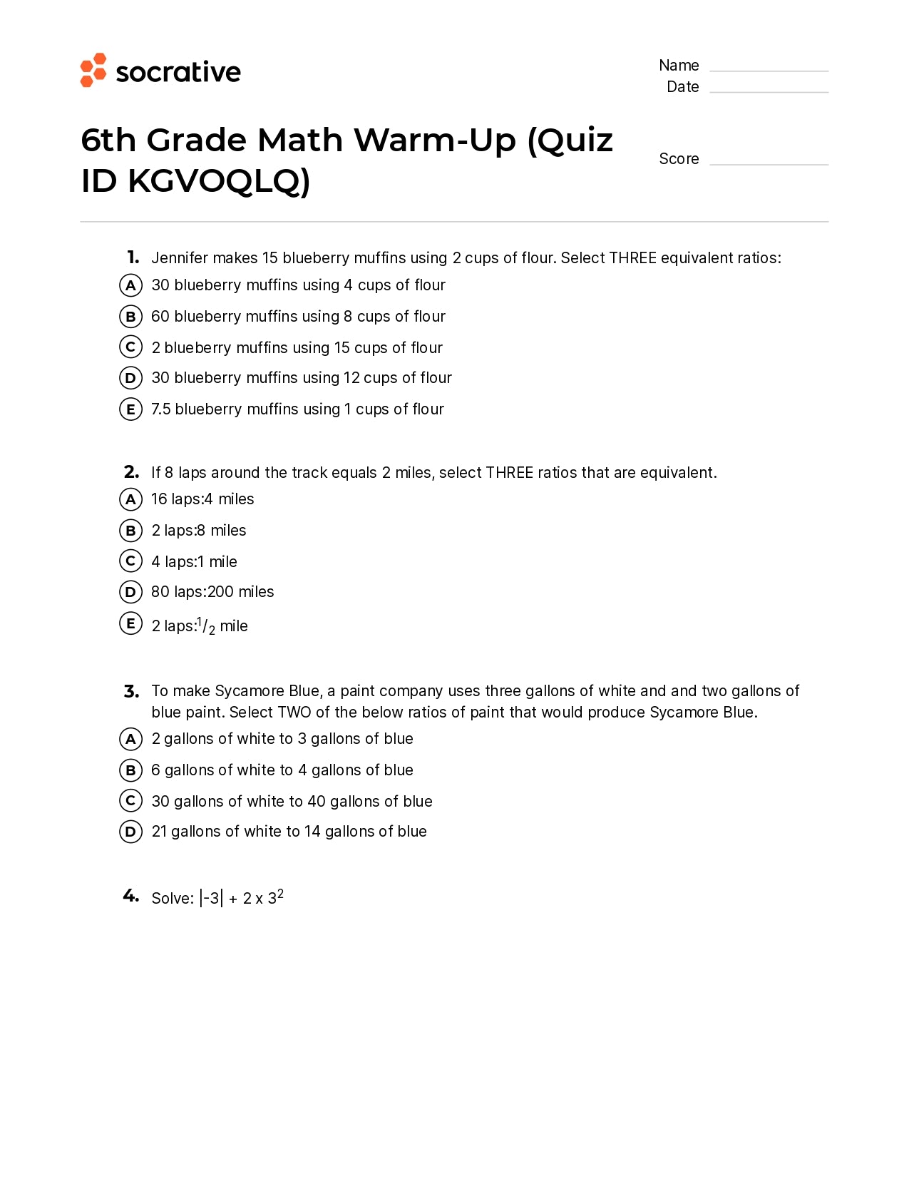 6Th Grade Math Warm-Up