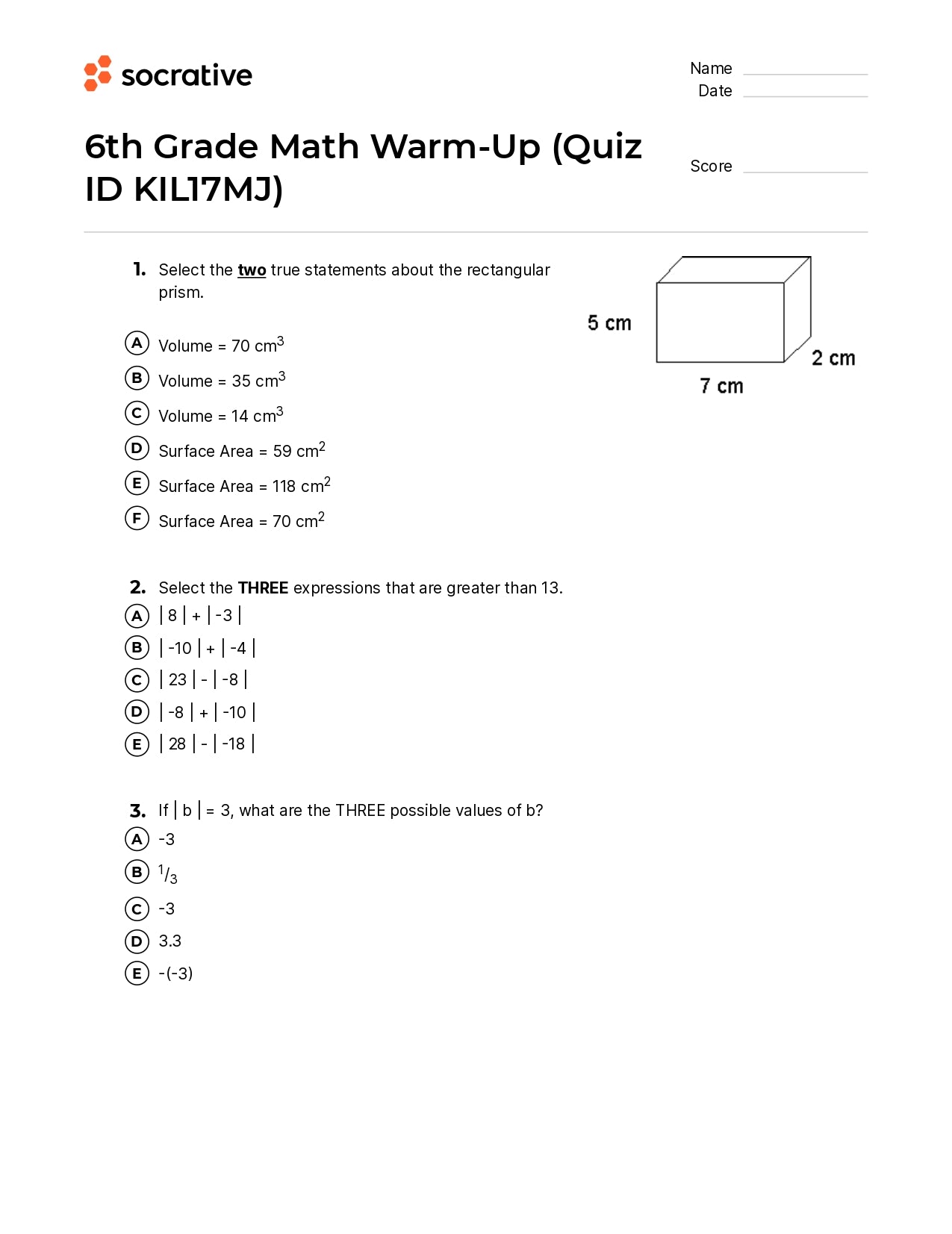 6Th Grade Math Warm-Up