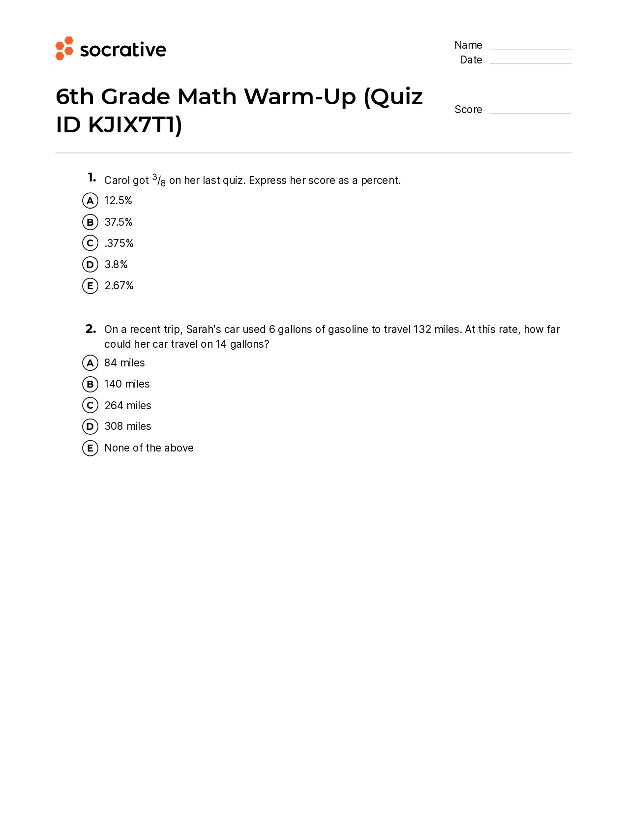 6Th Grade Math Warm-Up
