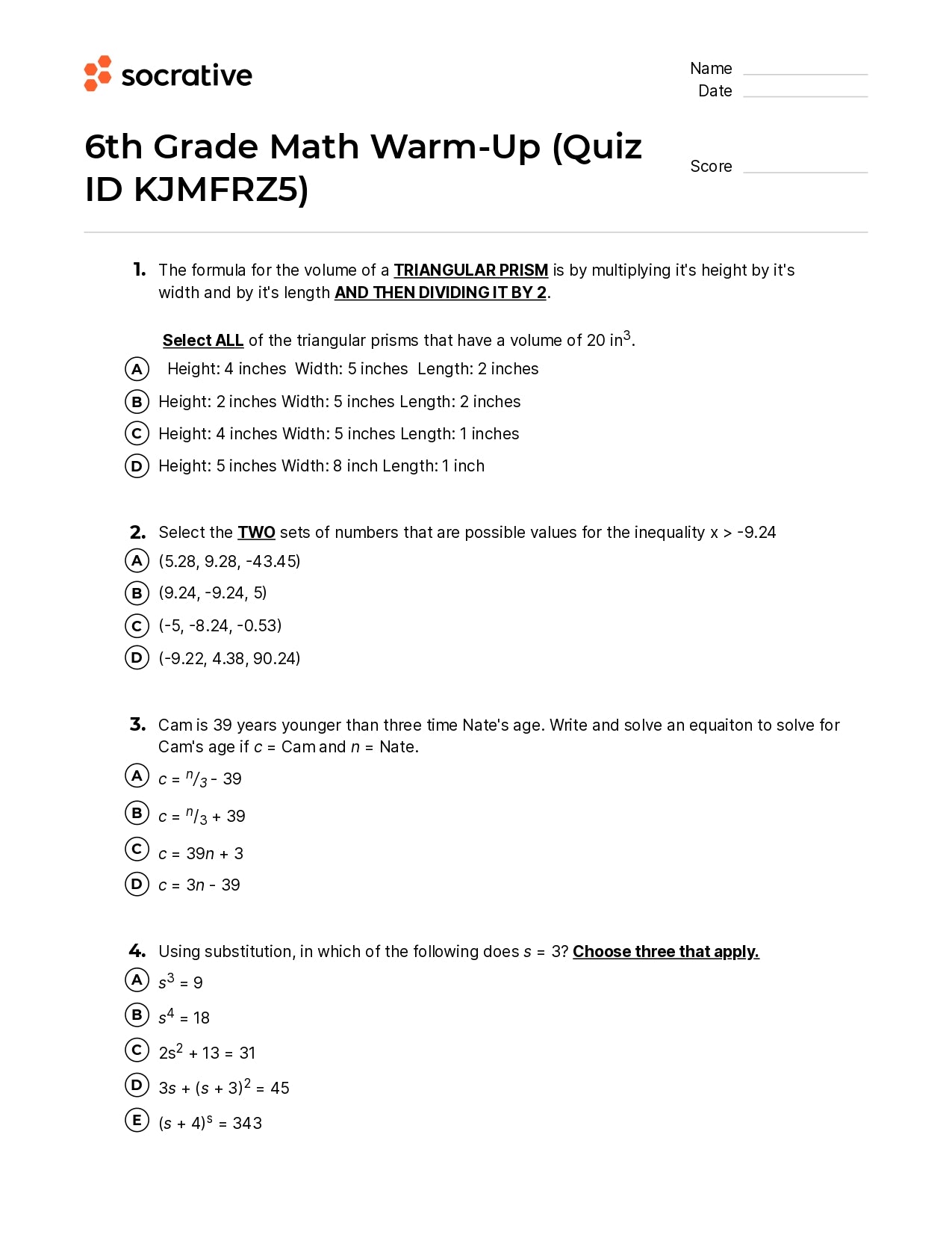 6Th Grade Math Warm-Up