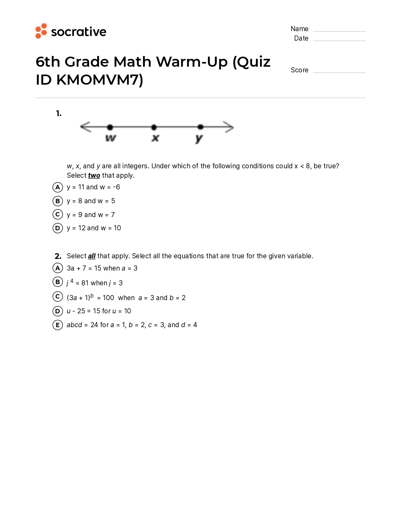 6Th Grade Math Warm-Up